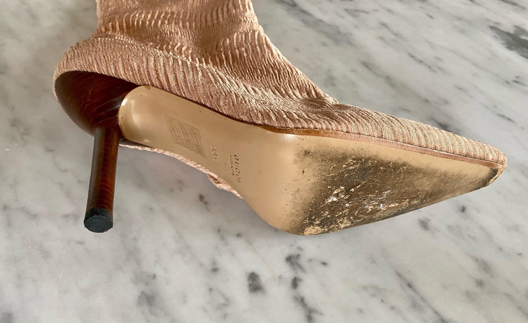 F/W 1999 Gucci by Tom Ford Ruched Silk 4.5" Heeled Boots Ad Campaign Size 38C - RealList