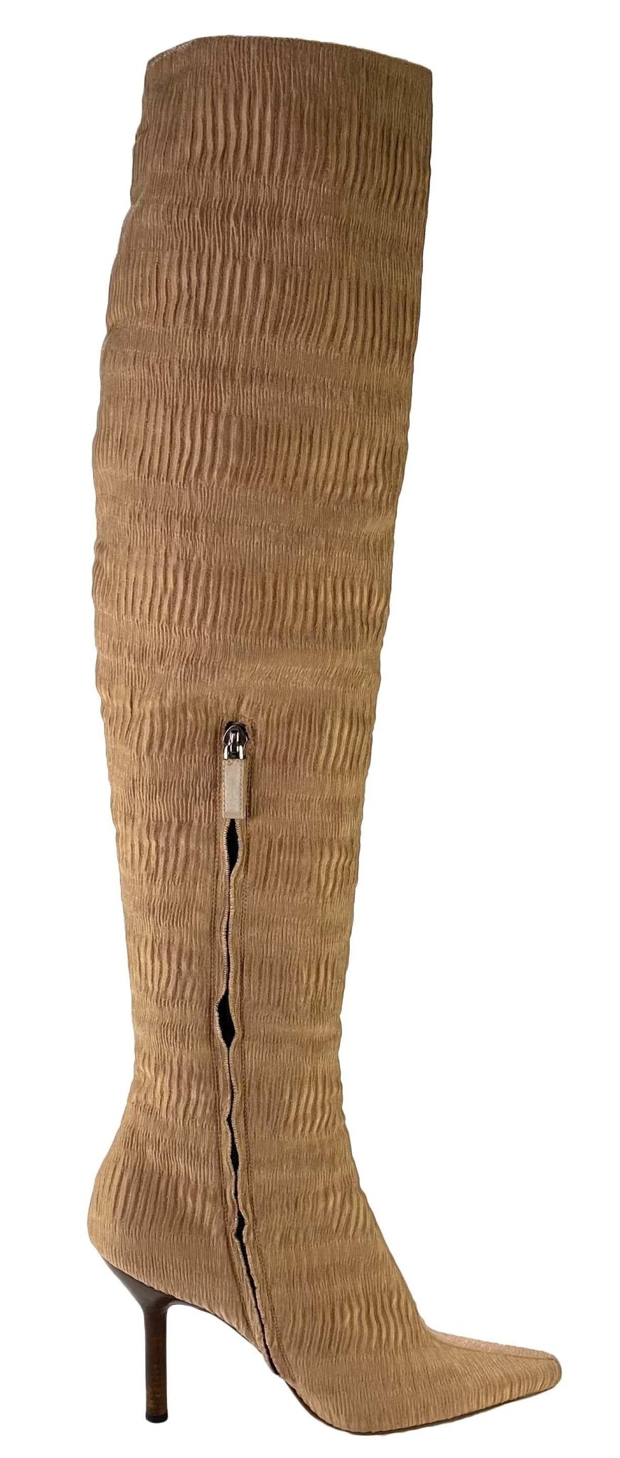 F/W 1999 Gucci by Tom Ford Ruched Silk 4.5" Heeled Boots Ad Campaign Size 38C - RealList