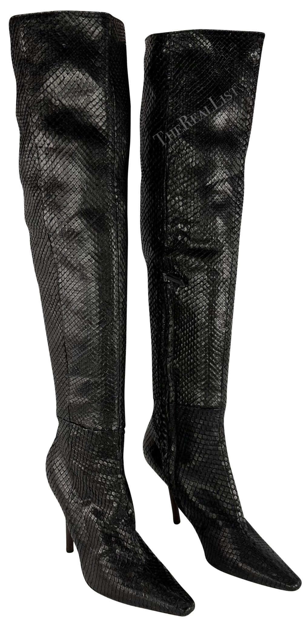 F/W 1999 Gucci by Tom Ford Runway Ad Black Anaconda Snakeskin Heel Boots 10B - RealList