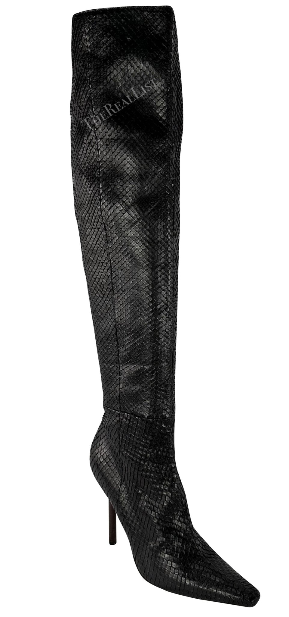 F/W 1999 Gucci by Tom Ford Runway Ad Black Anaconda Snakeskin Heel Boots 10B - RealList