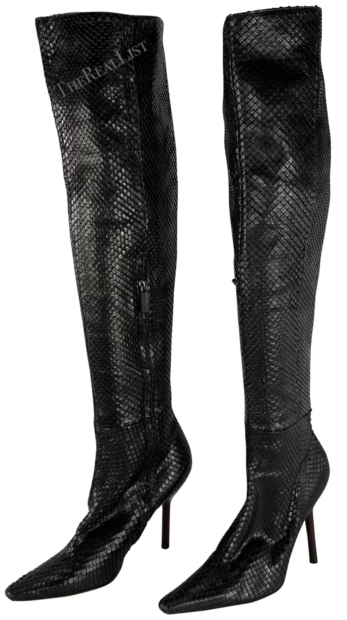 F/W 1999 Gucci by Tom Ford Runway Ad Black Anaconda Snakeskin Heel Boots 10B - RealList