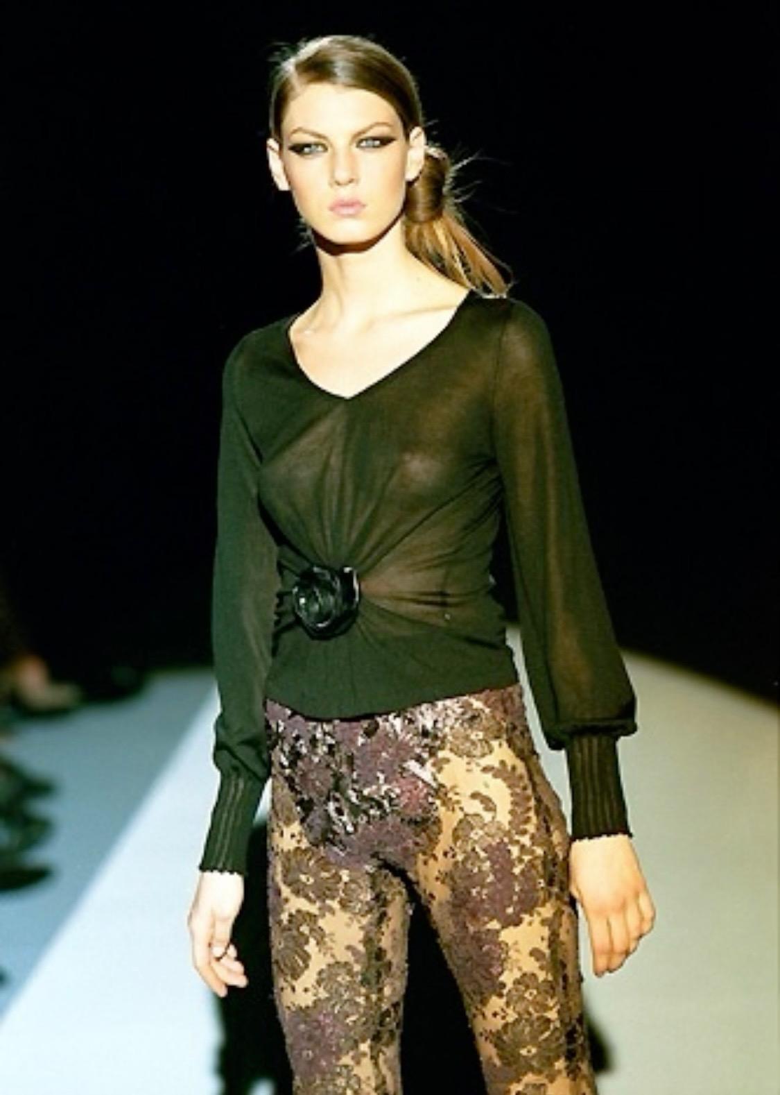 F/W 1999 Gucci by Tom Ford Runway Leather Flower Appliqué Sheer Knit Blouse - RealList