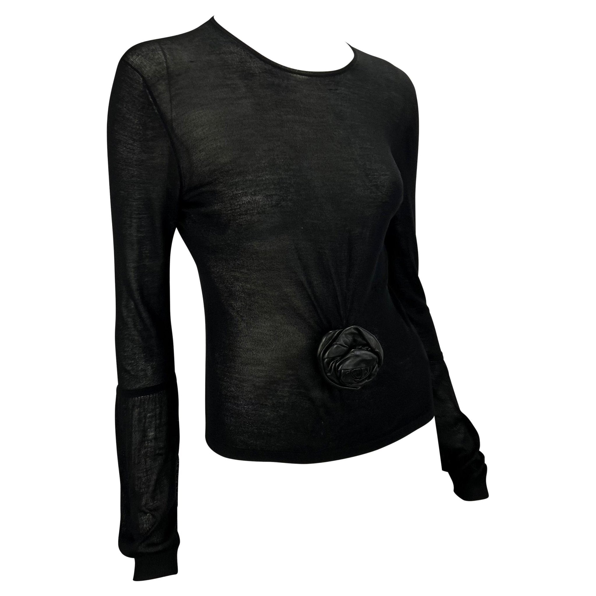 F/W 1999 Gucci by Tom Ford Runway Leather Flower Appliqué Sheer Knit Blouse - RealList