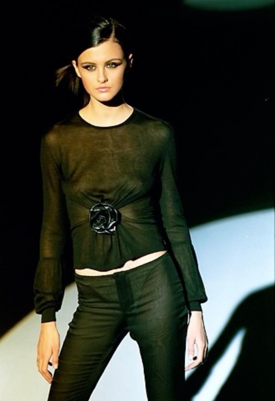 F/W 1999 Gucci by Tom Ford Runway Leather Flower Appliqué Sheer Knit Blouse - RealList