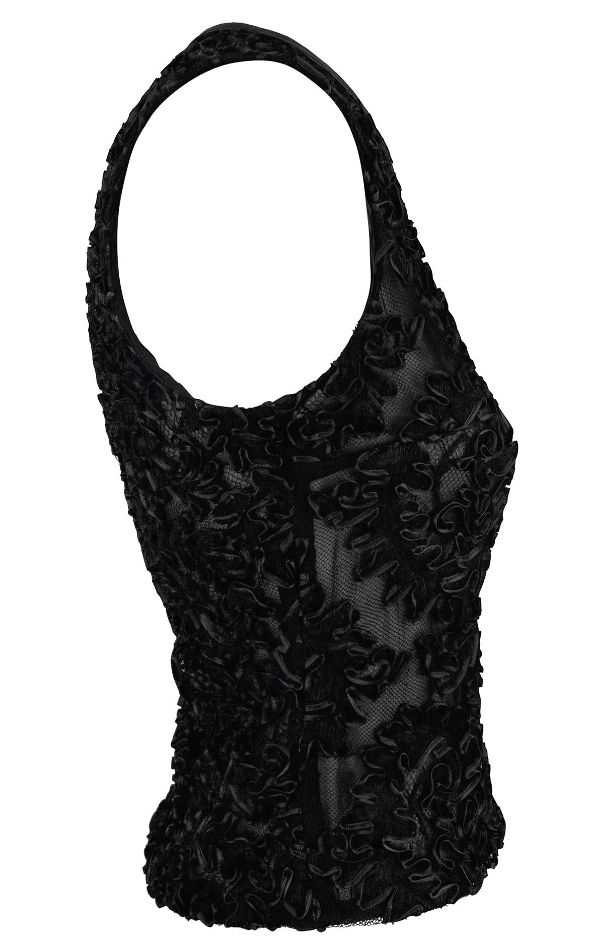 F/W 1999 Gucci by Tom Ford Sheer Black Lace Leather Trim Sleeveless Top - RealList