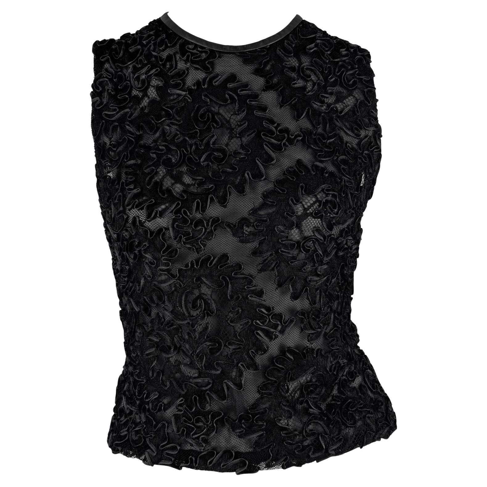 F/W 1999 Gucci by Tom Ford Sheer Black Lace Leather Trim Sleeveless Top - RealList