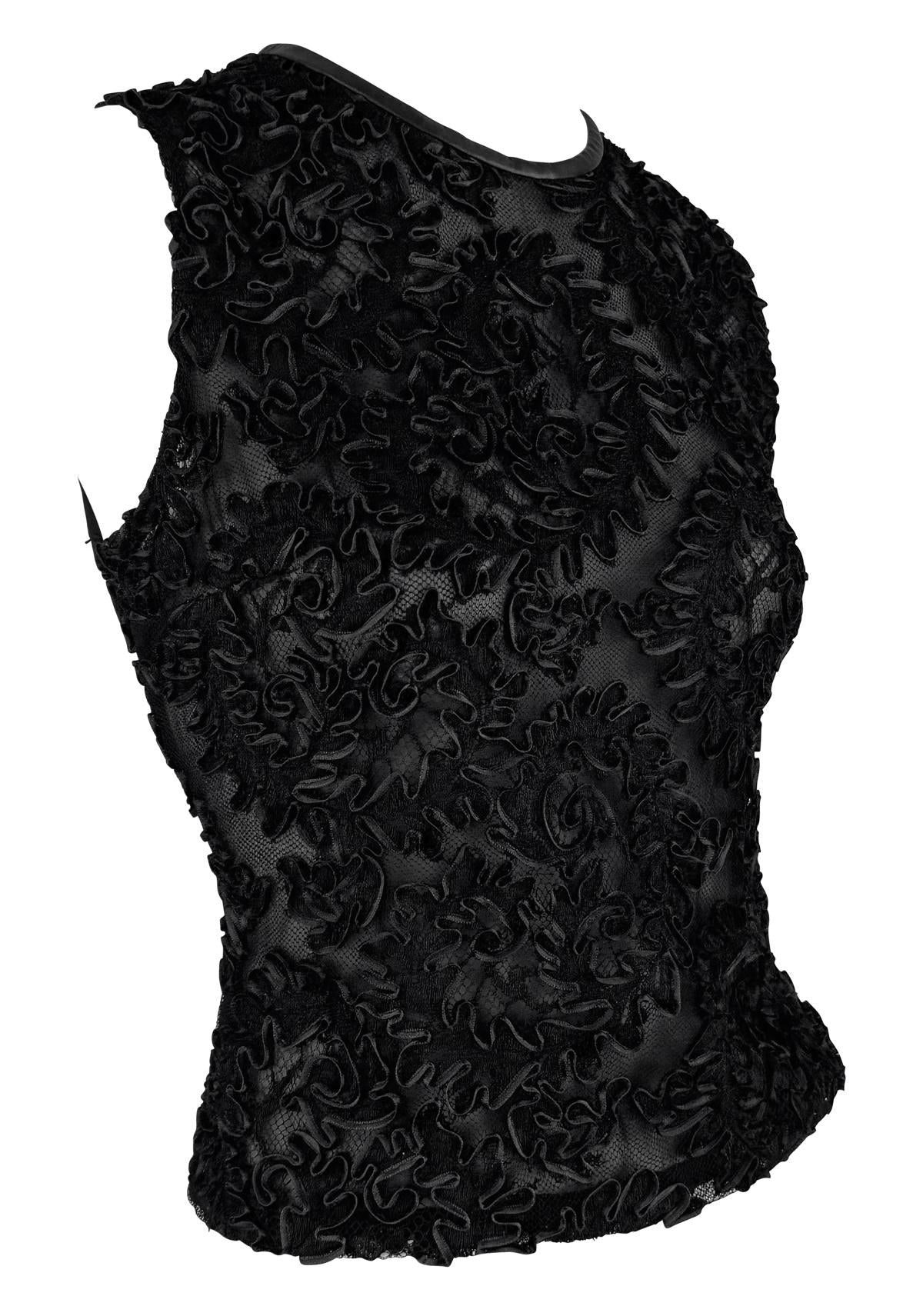 F/W 1999 Gucci by Tom Ford Sheer Black Lace Leather Trim Sleeveless Top - RealList