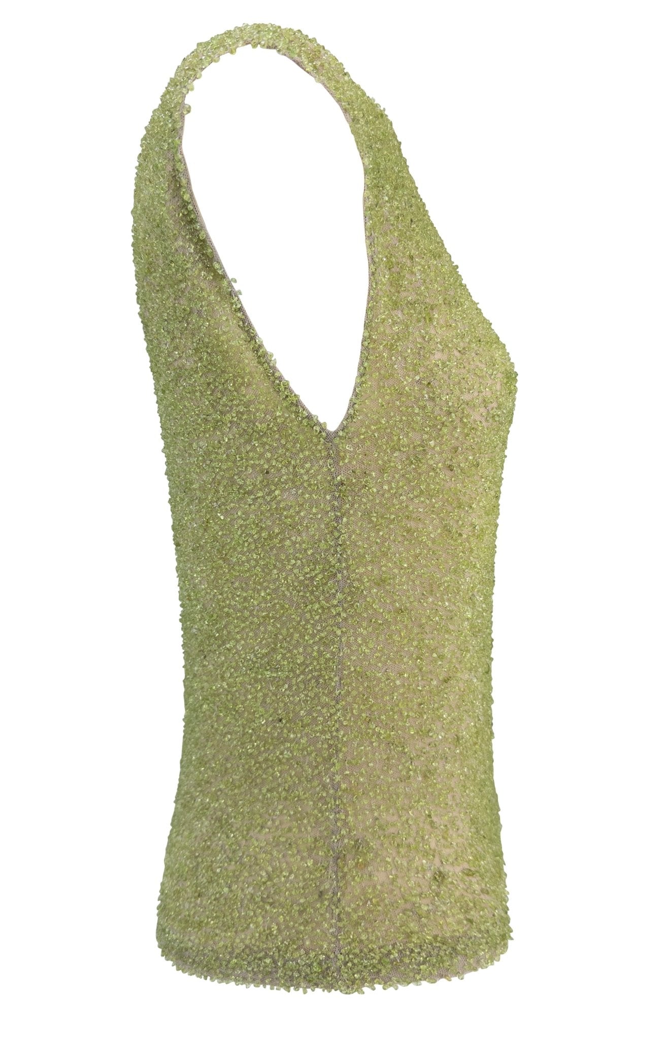F/W 1999 Loewe Runway Green Genuine Peridot Beaded Beige Sleeveless Top - RealList