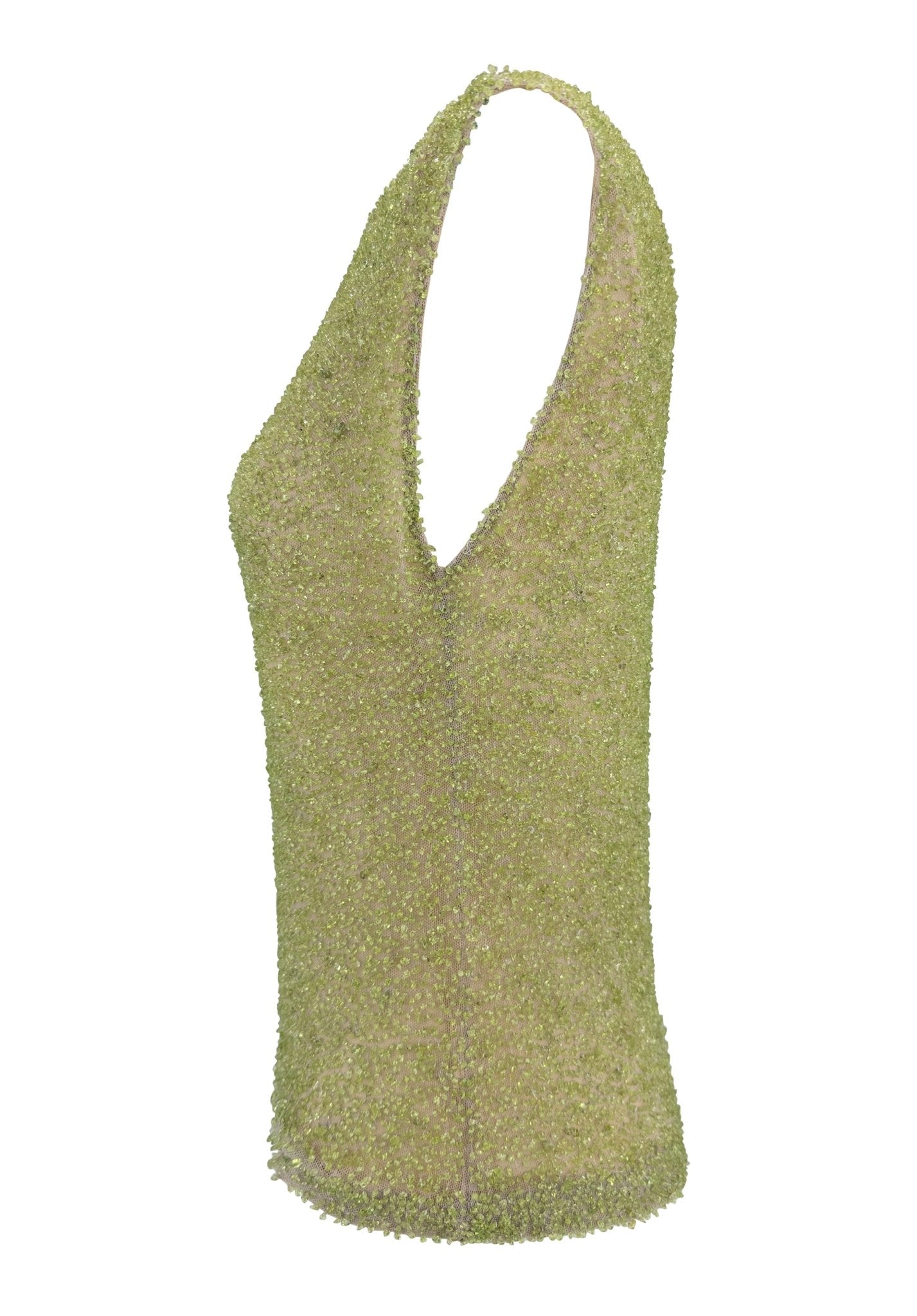 F/W 1999 Loewe Runway Green Genuine Peridot Beaded Beige Sleeveless Top - RealList