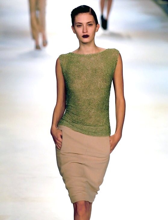 F/W 1999 Loewe Runway Green Genuine Peridot Beaded Beige Sleeveless Top - RealList