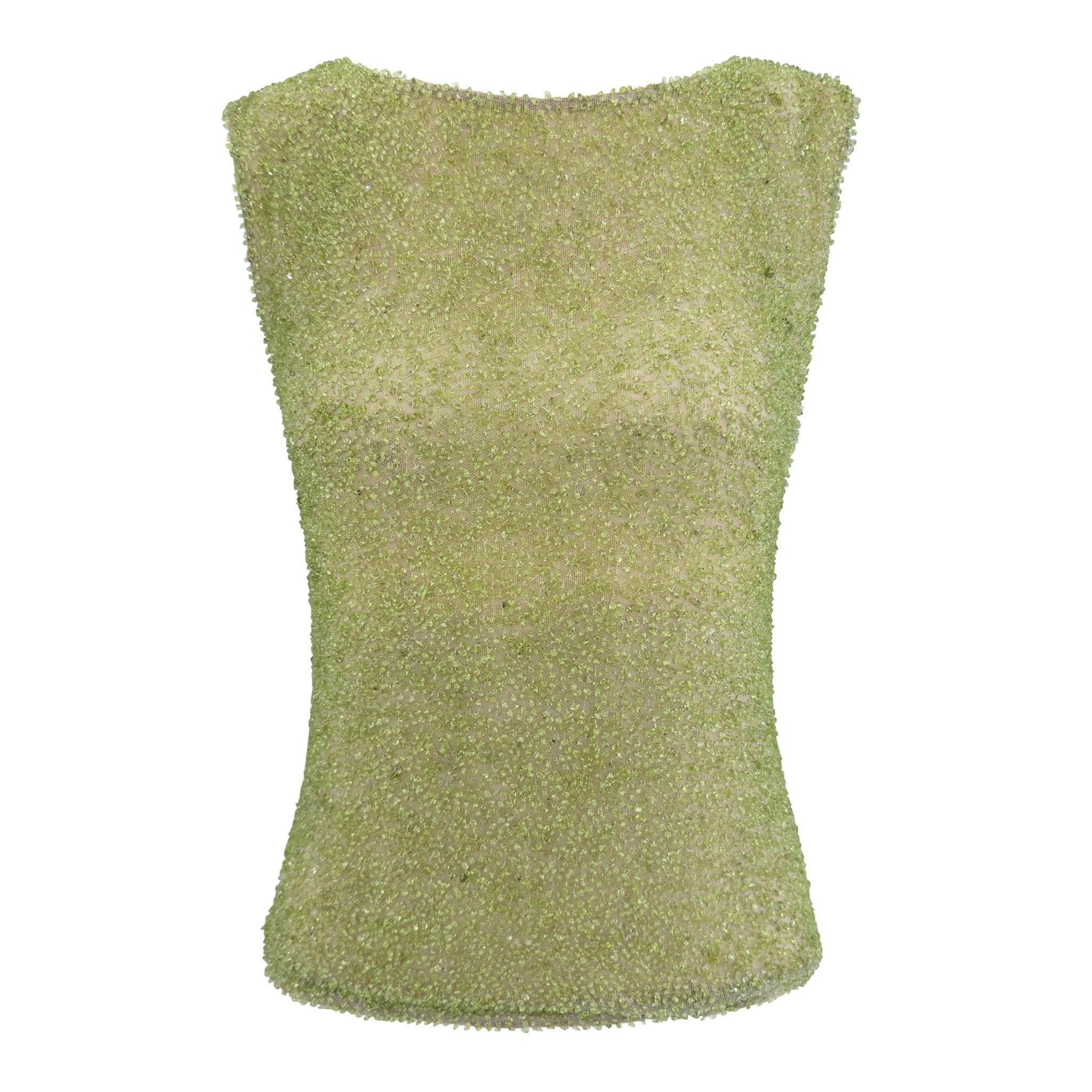 F/W 1999 Loewe Runway Green Genuine Peridot Beaded Beige Sleeveless Top - RealList