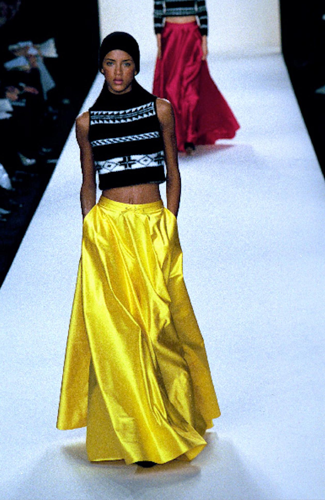 F/W 1999 Ralph Lauren Runway Yellow Silk Satin Drawstring Maxi Skirt - RealList