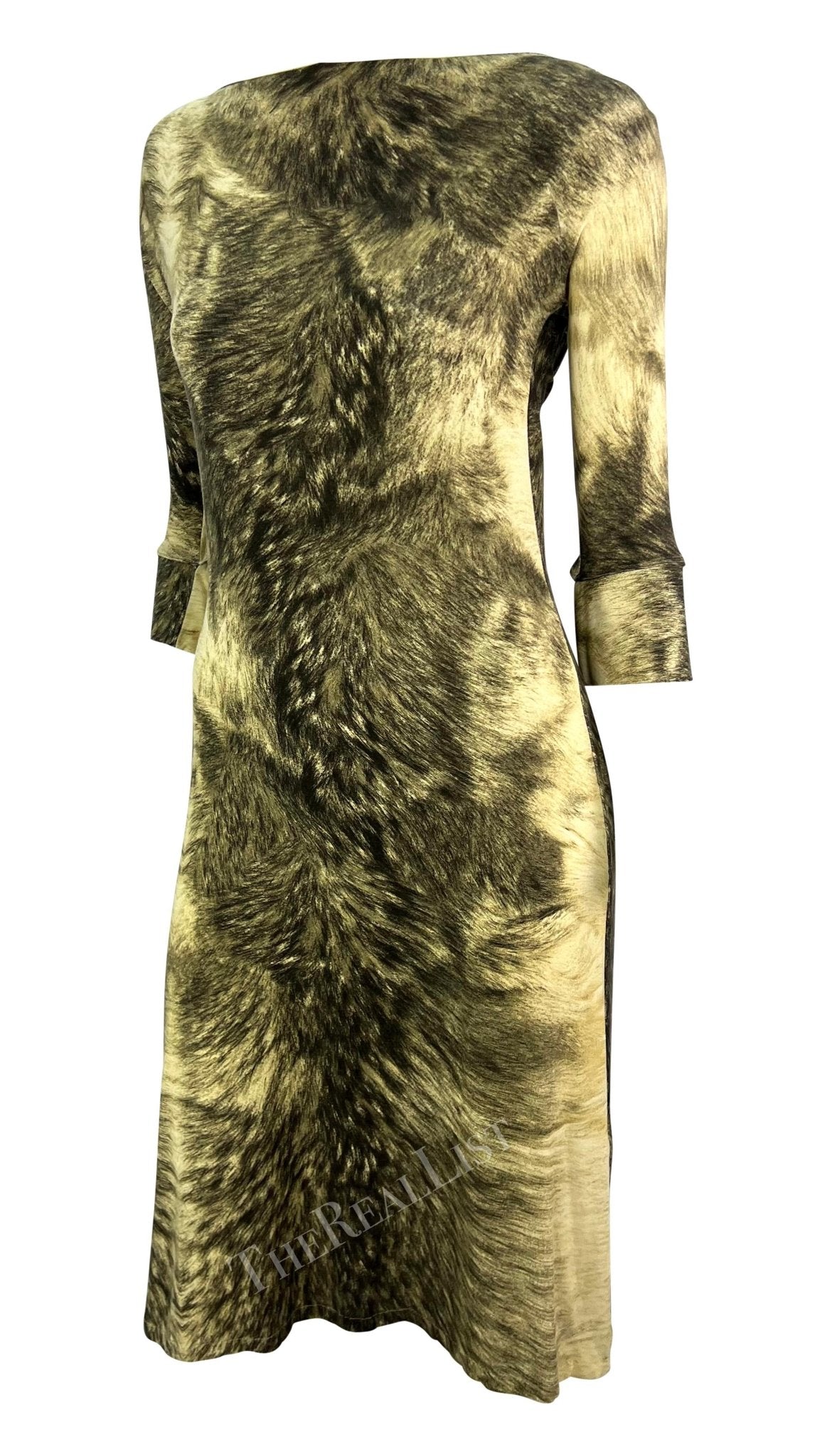 F/W 1999 Roberto Cavalli Grey Animal Print Trompe l'Oeil Stretch Cowl Neck Dress - RealList