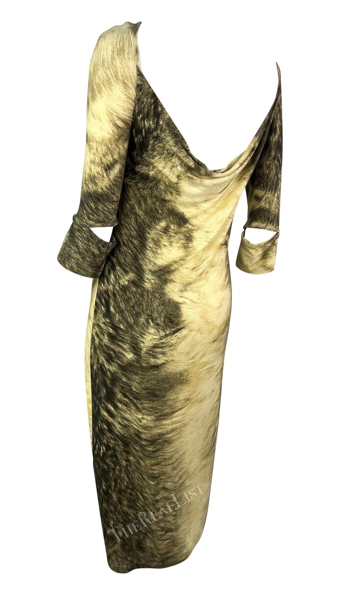 F/W 1999 Roberto Cavalli Grey Animal Print Trompe l'Oeil Stretch Cowl Neck Dress - RealList