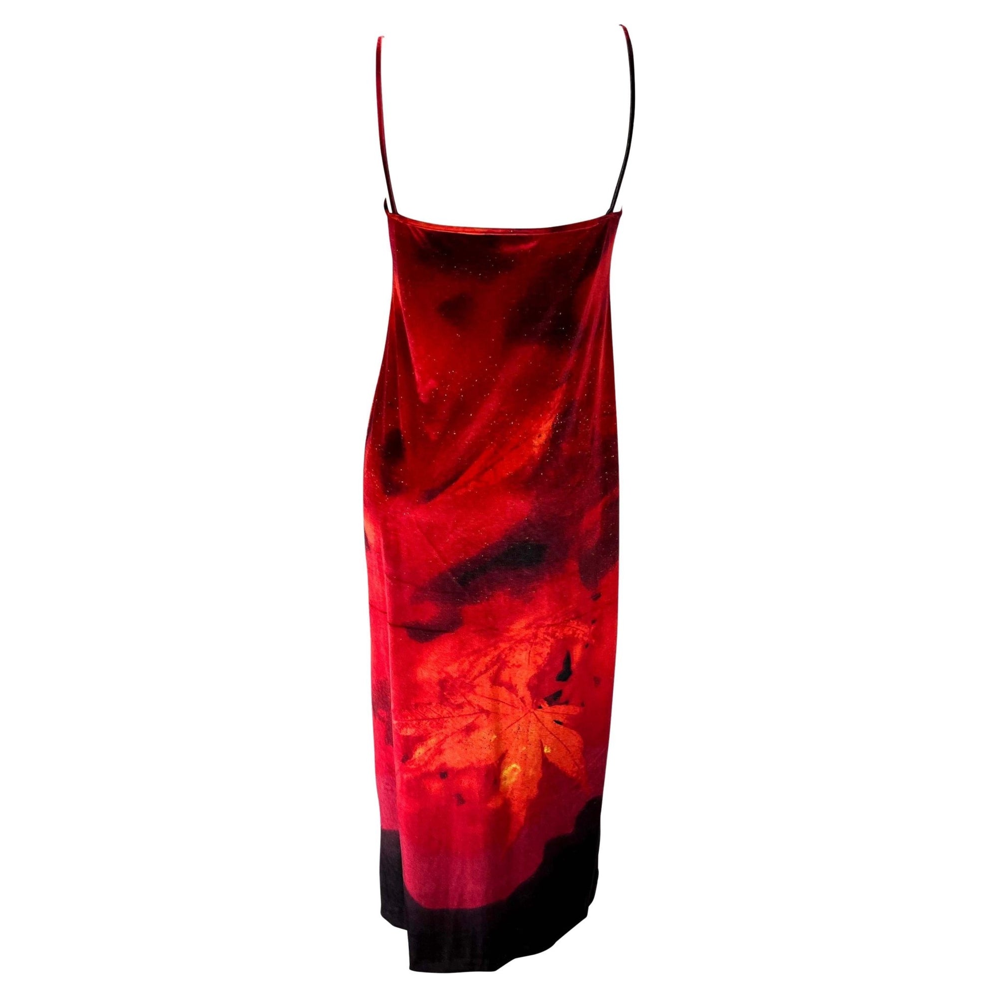 F/W 1999 Roberto Cavalli Red Stretch Velvet Gold Maxi Spaghetti Strap Dress - RealList