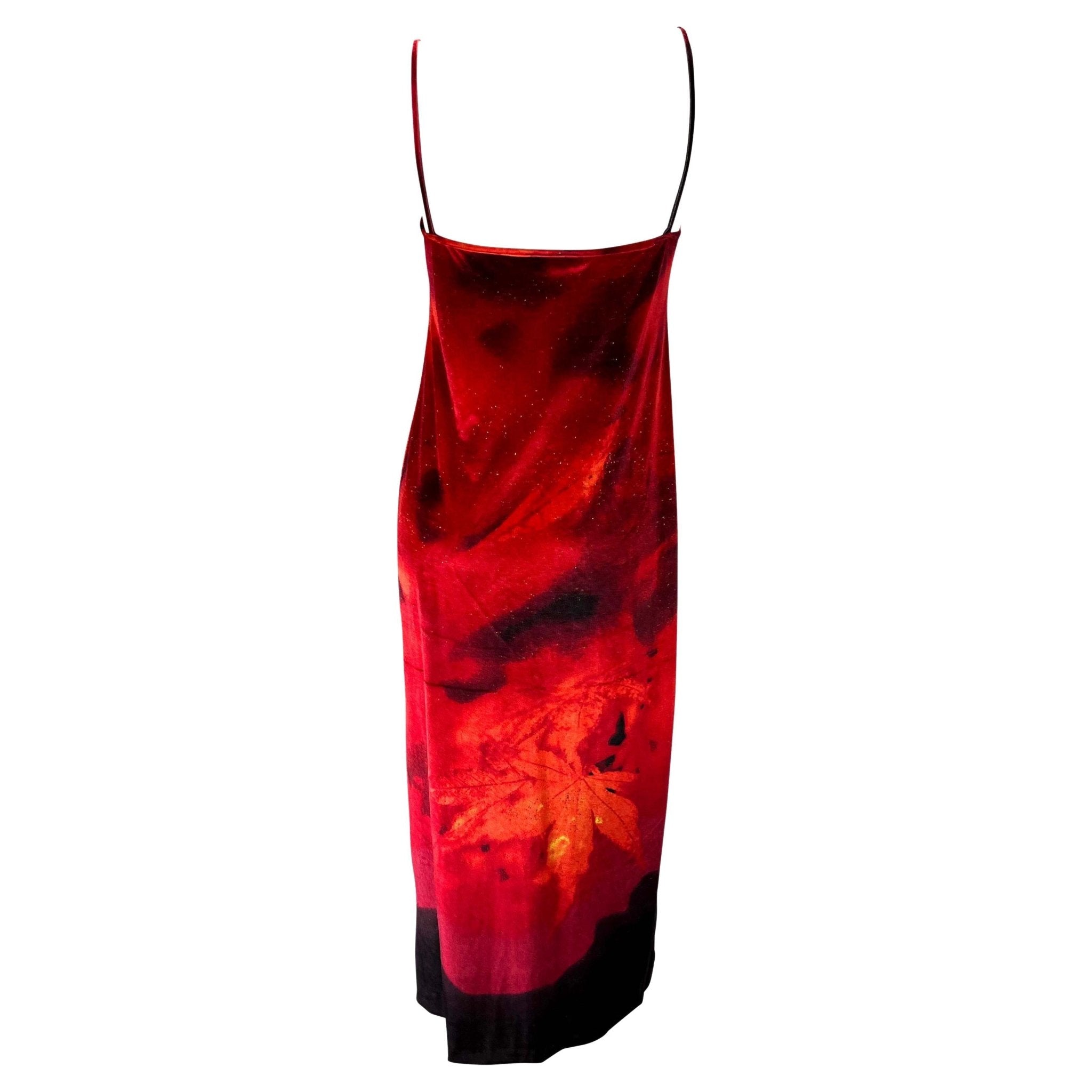 F/W 1999 Roberto Cavalli Red Stretch Velvet Gold Maxi Spaghetti Strap Dress - RealList