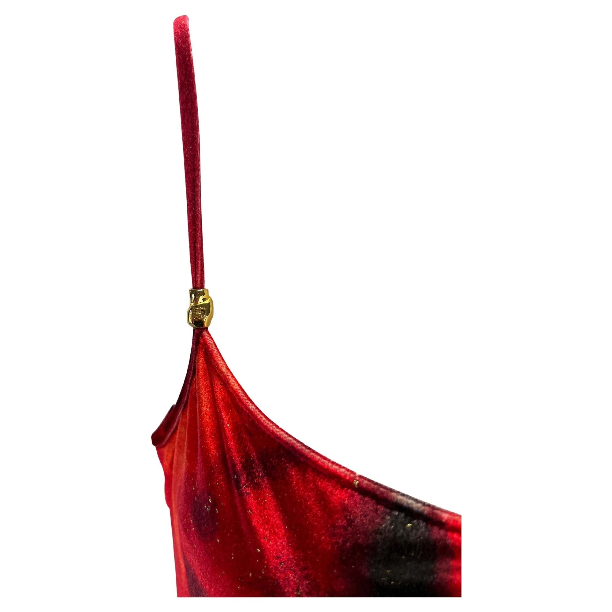 F/W 1999 Roberto Cavalli Red Stretch Velvet Gold Maxi Spaghetti Strap Dress - RealList