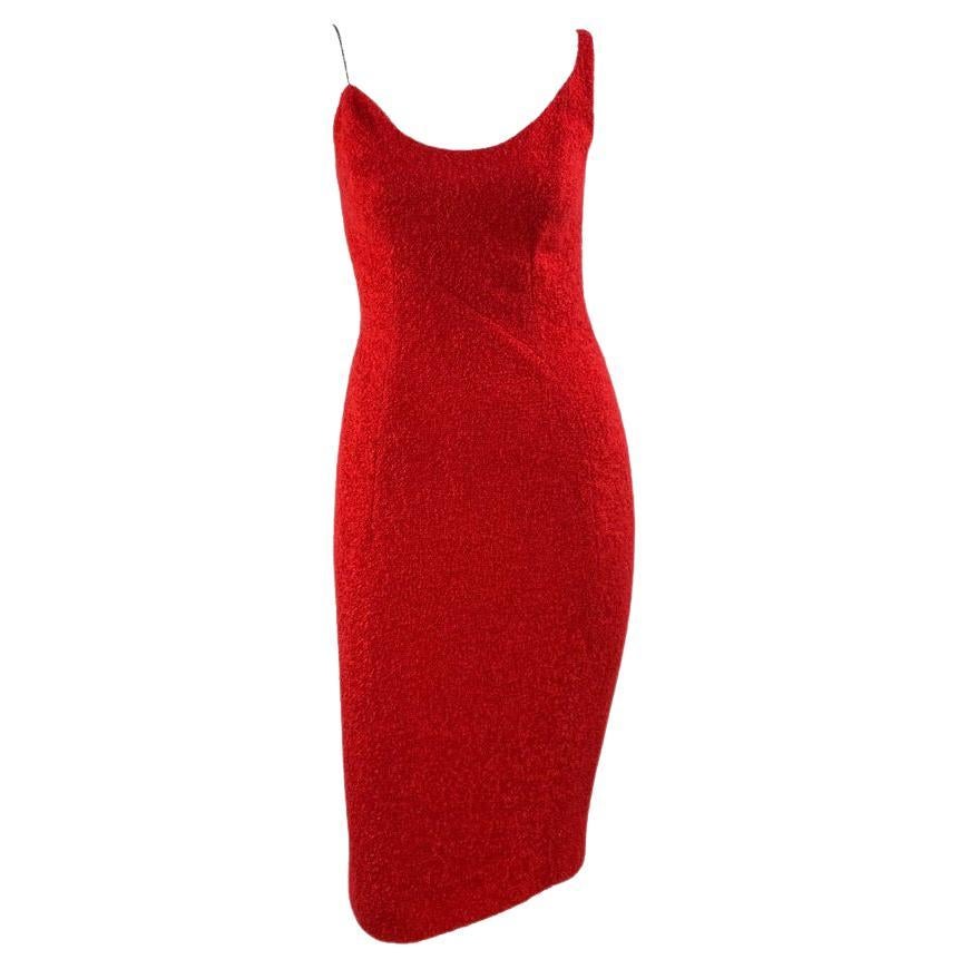 F/W 1999 Thierry Mugler Red Buclé Asymmetric Chain Runway Bodycon Wool Dress - RealList