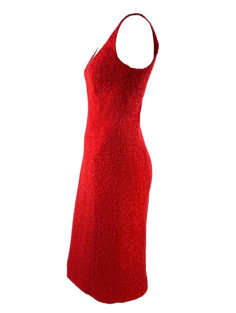 F/W 1999 Thierry Mugler Red Buclé Asymmetric Chain Runway Bodycon Wool Dress - RealList