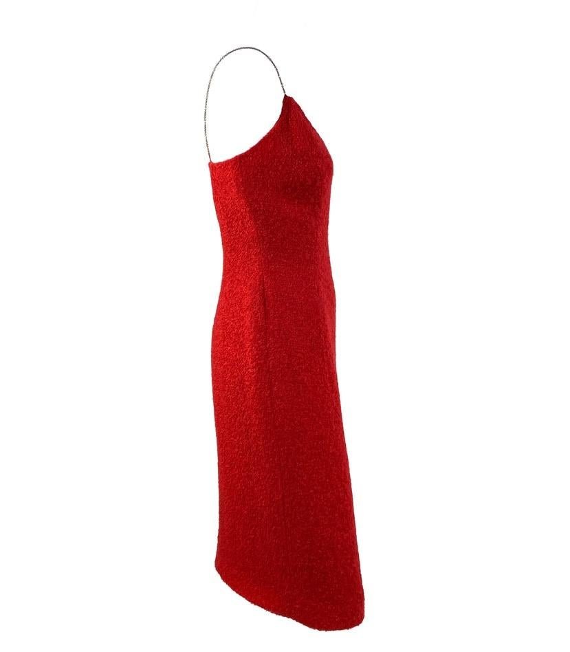 F/W 1999 Thierry Mugler Red Buclé Asymmetric Chain Runway Bodycon Wool Dress - RealList