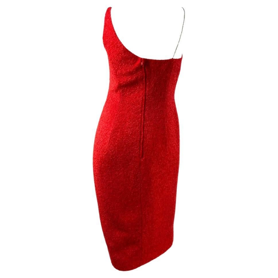 F/W 1999 Thierry Mugler Red Buclé Asymmetric Chain Runway Bodycon Wool Dress - RealList