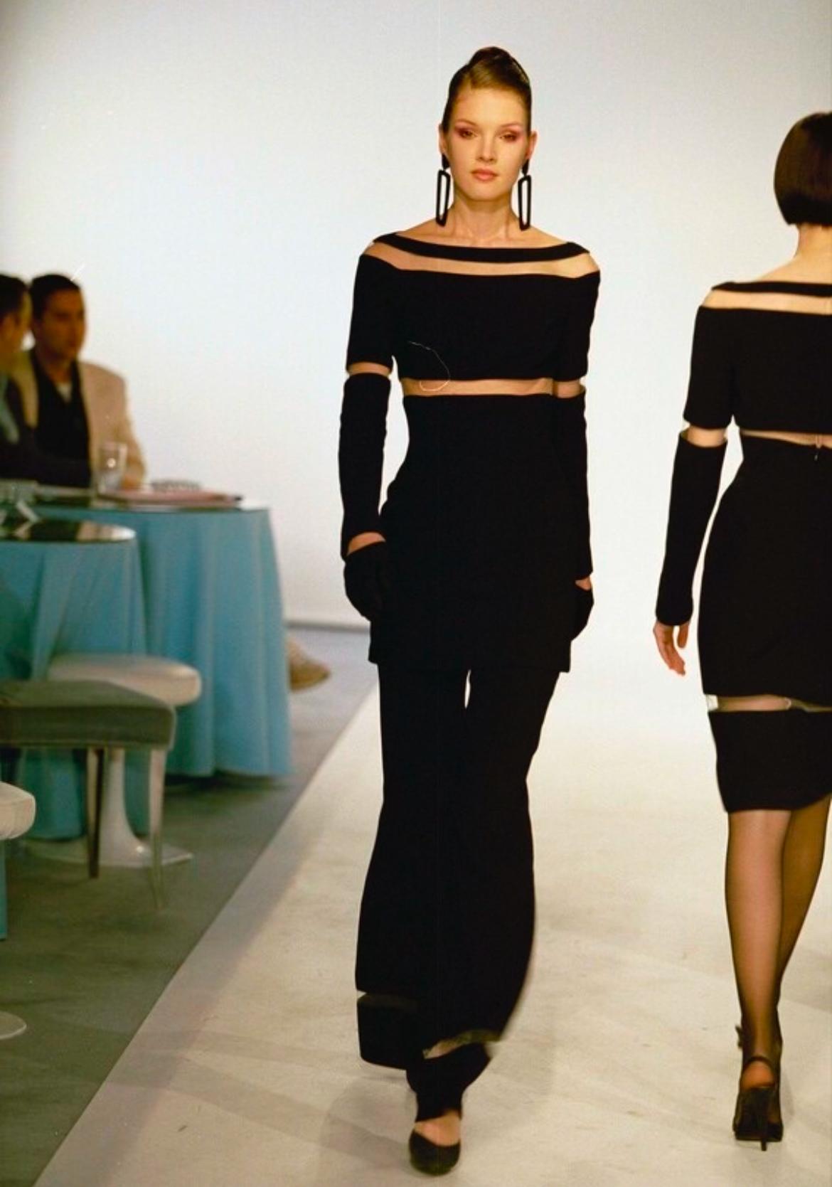 F/W 1999 Thierry Mugler Runway Beige Mesh Panel Black Pantsuit Set - RealList