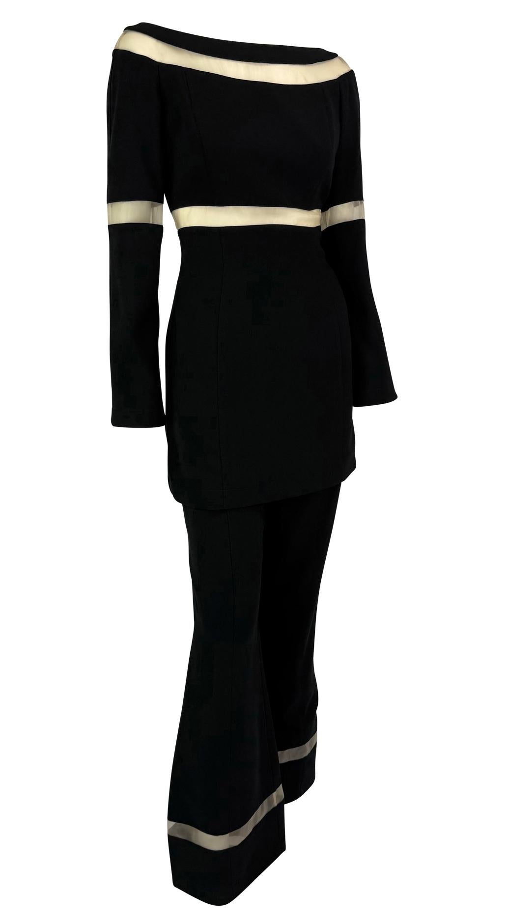 F/W 1999 Thierry Mugler Runway Beige Mesh Panel Black Pantsuit Set - RealList