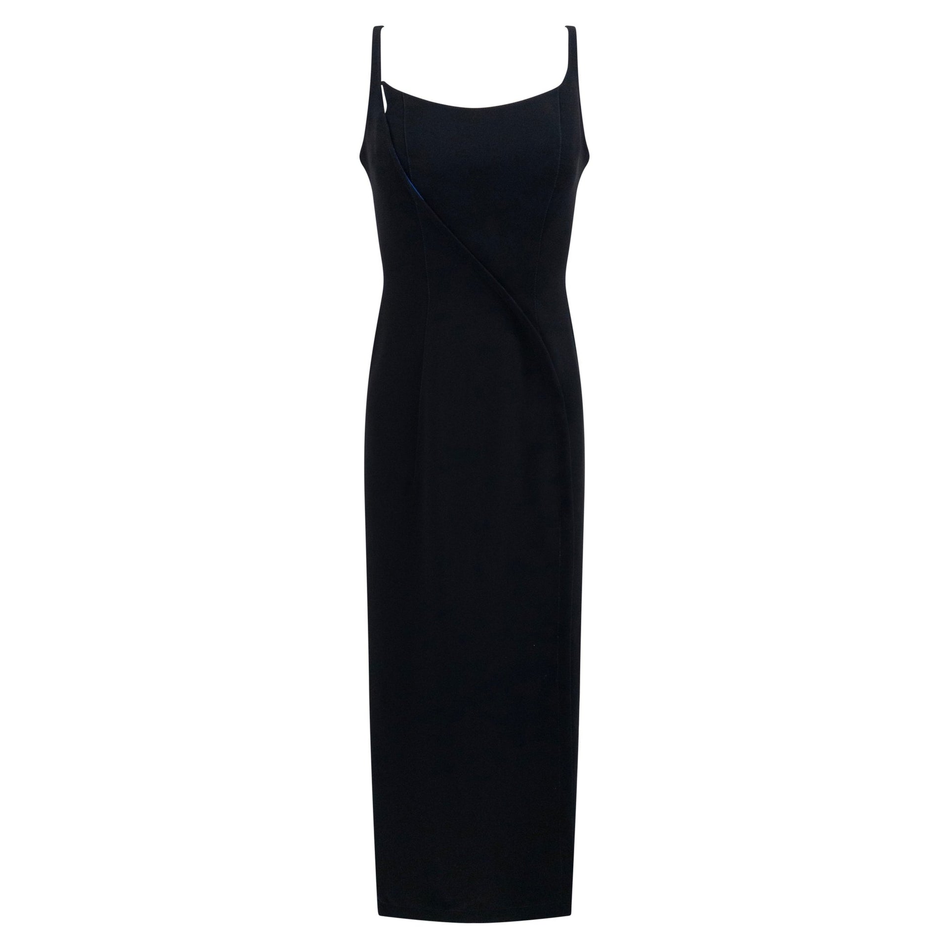 F/W 1999 Thierry Mugler Runway Black High - Slit Cobalt Satin Lined Gown - RealList