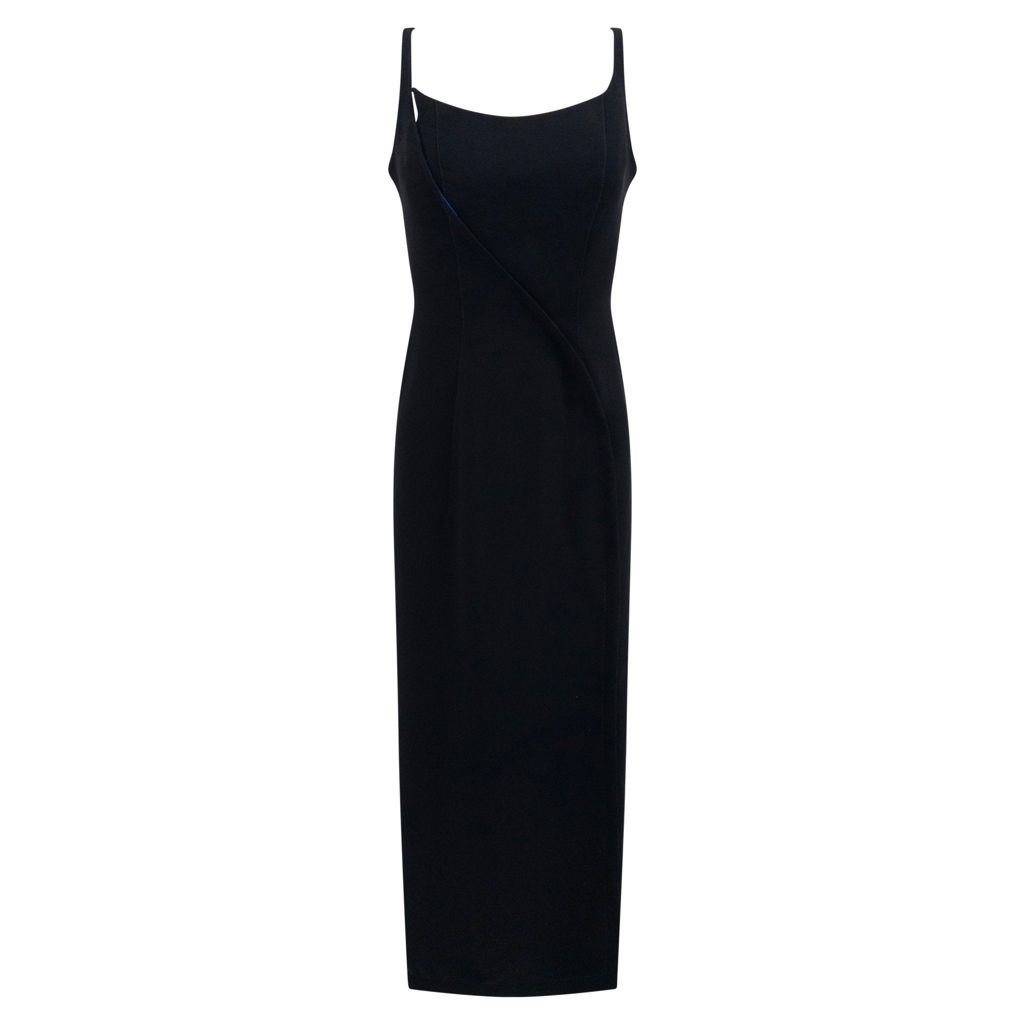 F/W 1999 Thierry Mugler Runway Black High - Slit Cobalt Satin Lined Gown - RealList