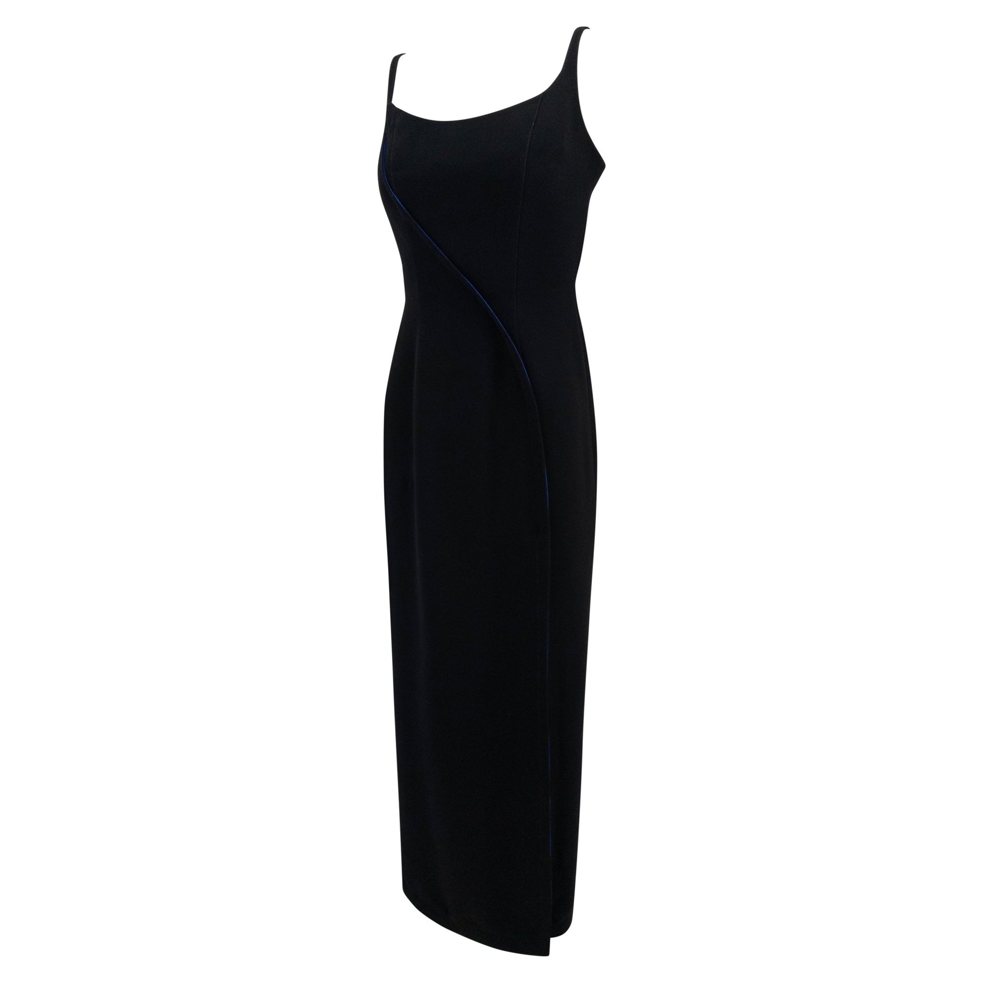 F/W 1999 Thierry Mugler Runway Black High - Slit Cobalt Satin Lined Gown - RealList