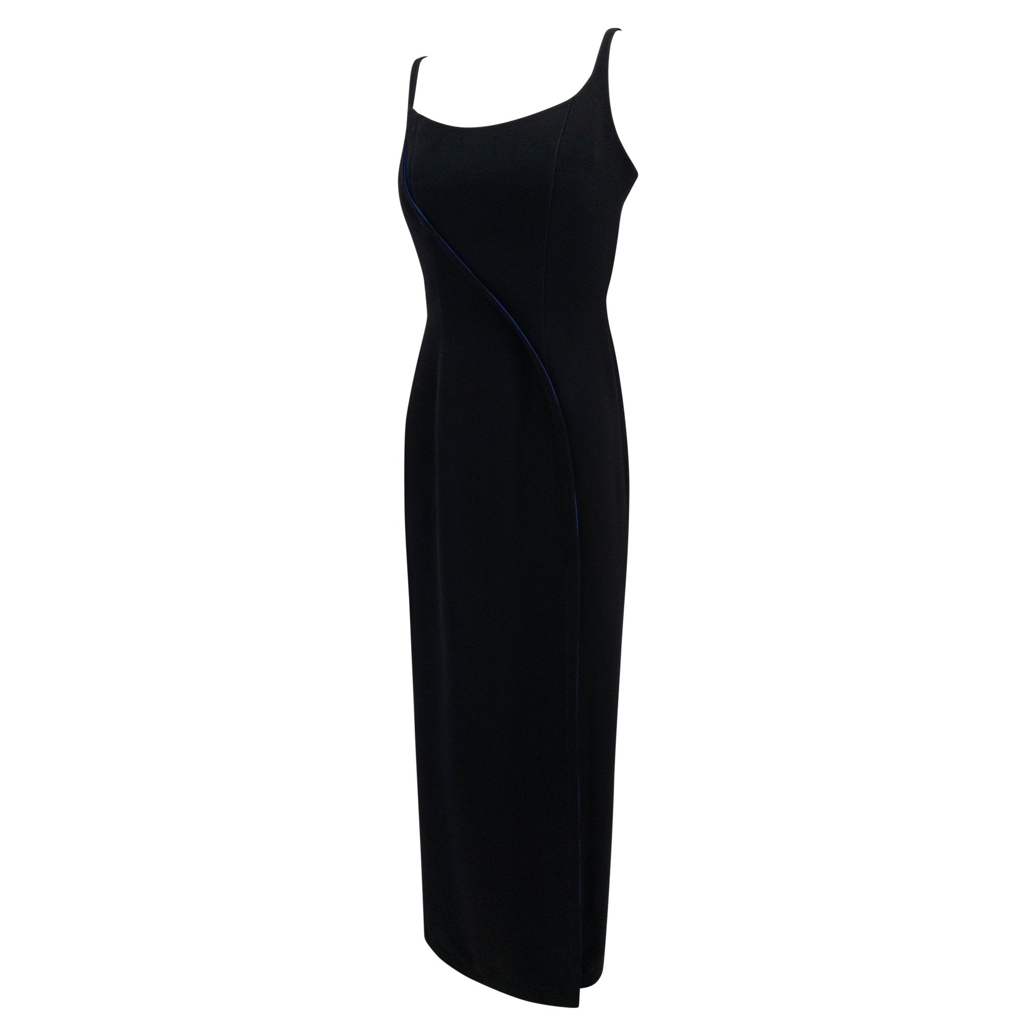 F/W 1999 Thierry Mugler Runway Black High - Slit Cobalt Satin Lined Gown - RealList