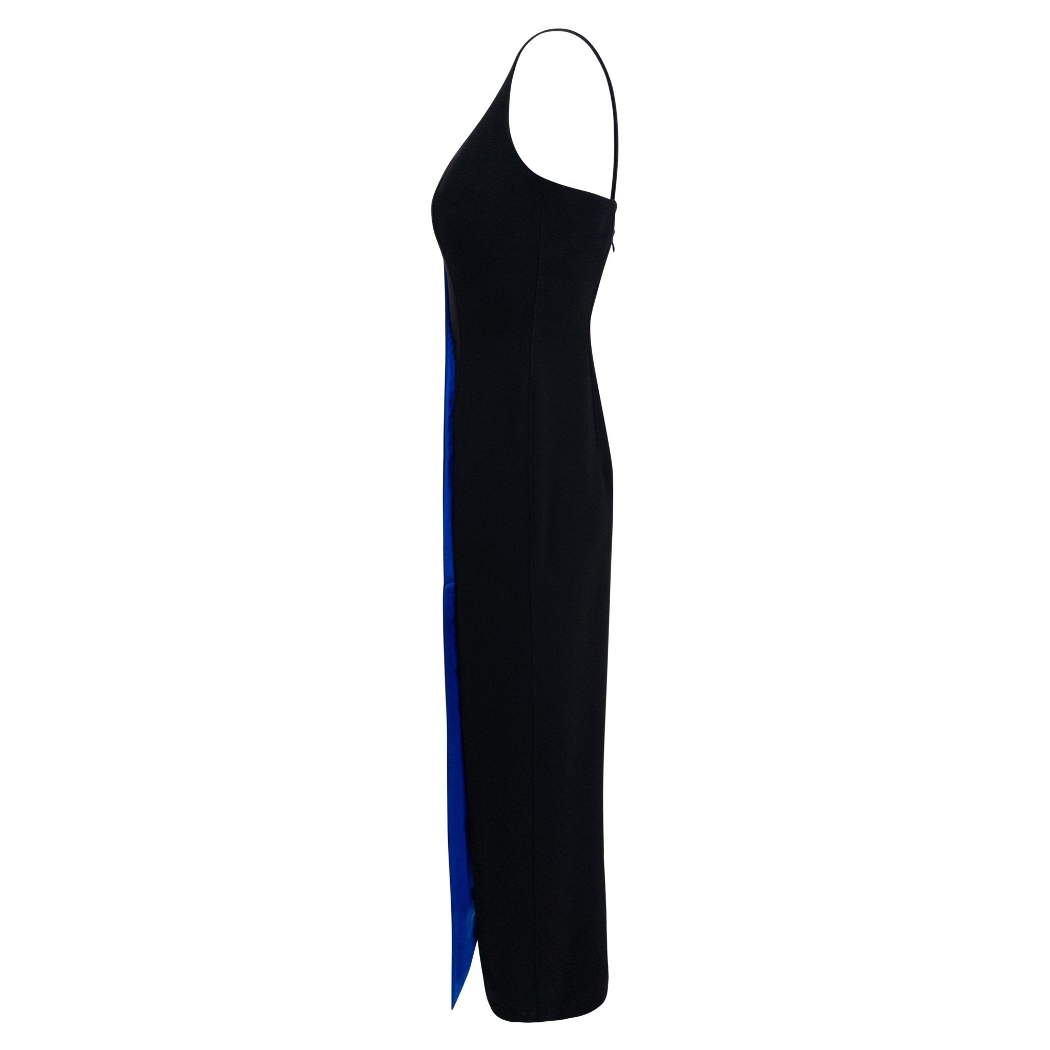 F/W 1999 Thierry Mugler Runway Black High - Slit Cobalt Satin Lined Gown - RealList