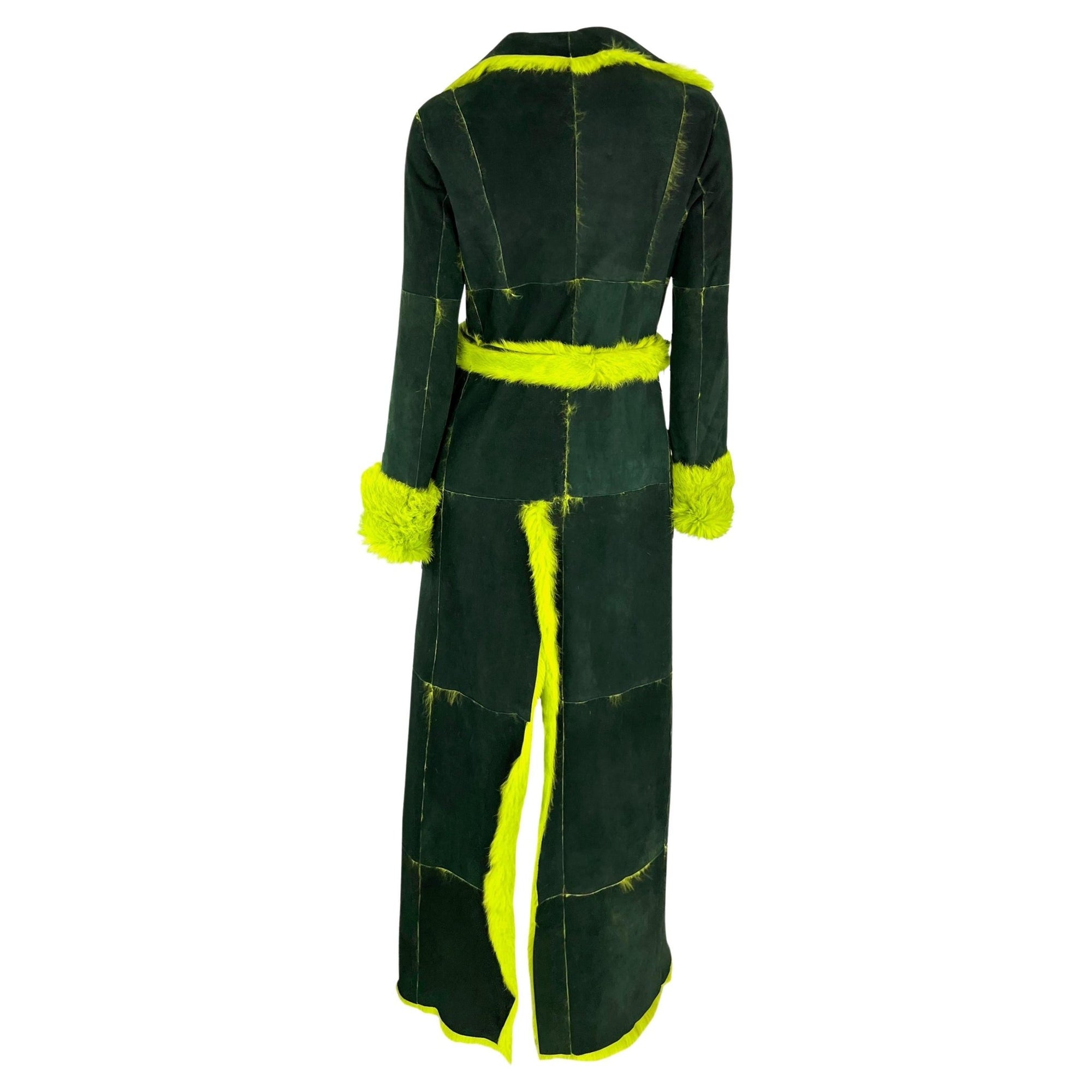 F/W 2000 Dolce & Gabbana Acid Green Genuine Fur Pelt Suede Belted Trench Coat - RealList