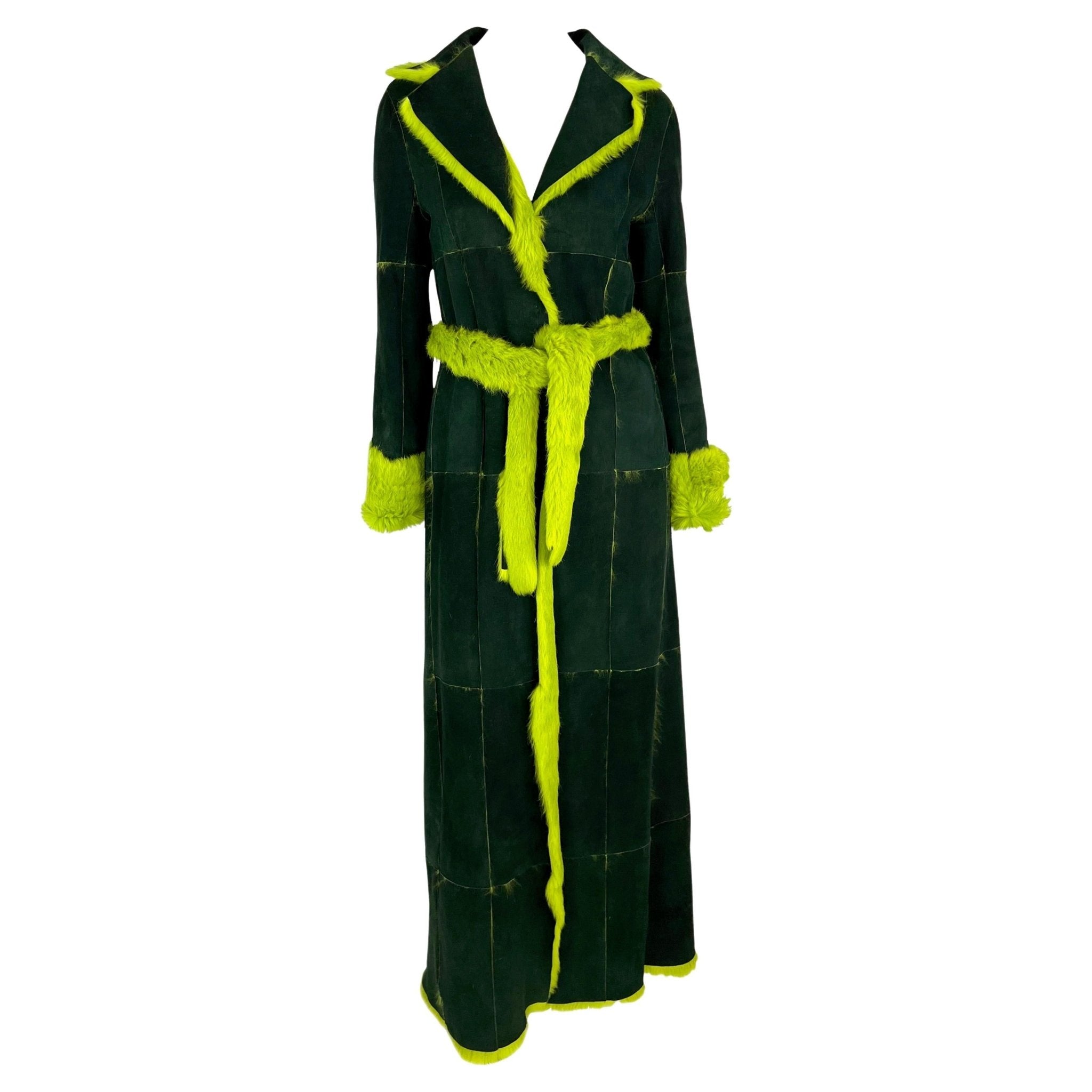 F/W 2000 Dolce & Gabbana Acid Green Genuine Fur Pelt Suede Belted Trench Coat - RealList