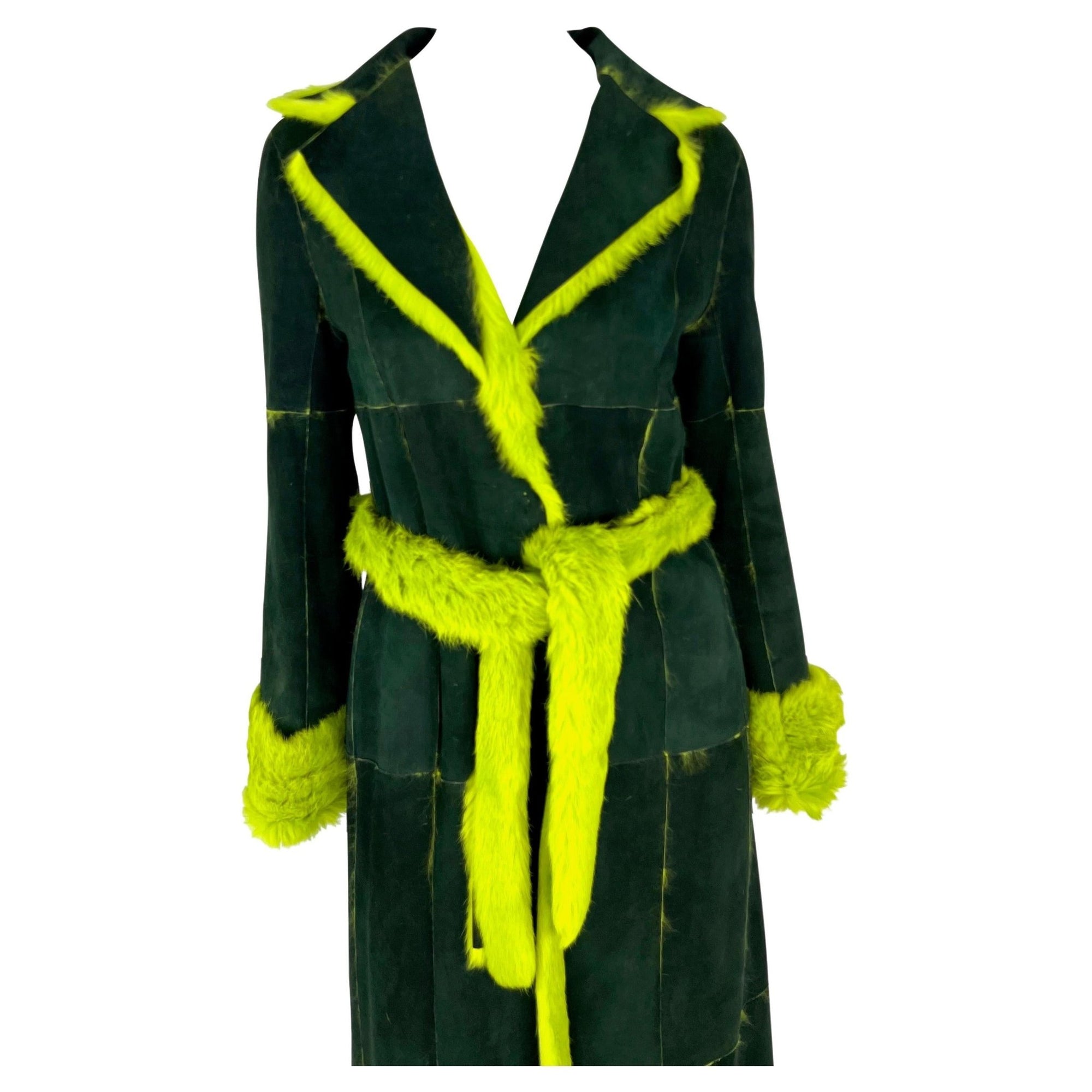 F/W 2000 Dolce & Gabbana Acid Green Genuine Fur Pelt Suede Belted Trench Coat - RealList