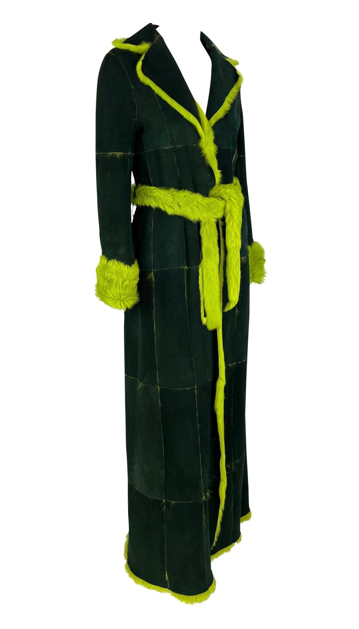 F/W 2000 Dolce & Gabbana Acid Green Genuine Fur Pelt Suede Belted Trench Coat - RealList