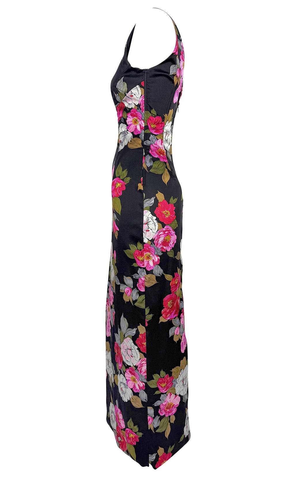 F/W 2000 Dolce & Gabbana Black Satin Corset Boned Floral Print Evening Gown - RealList