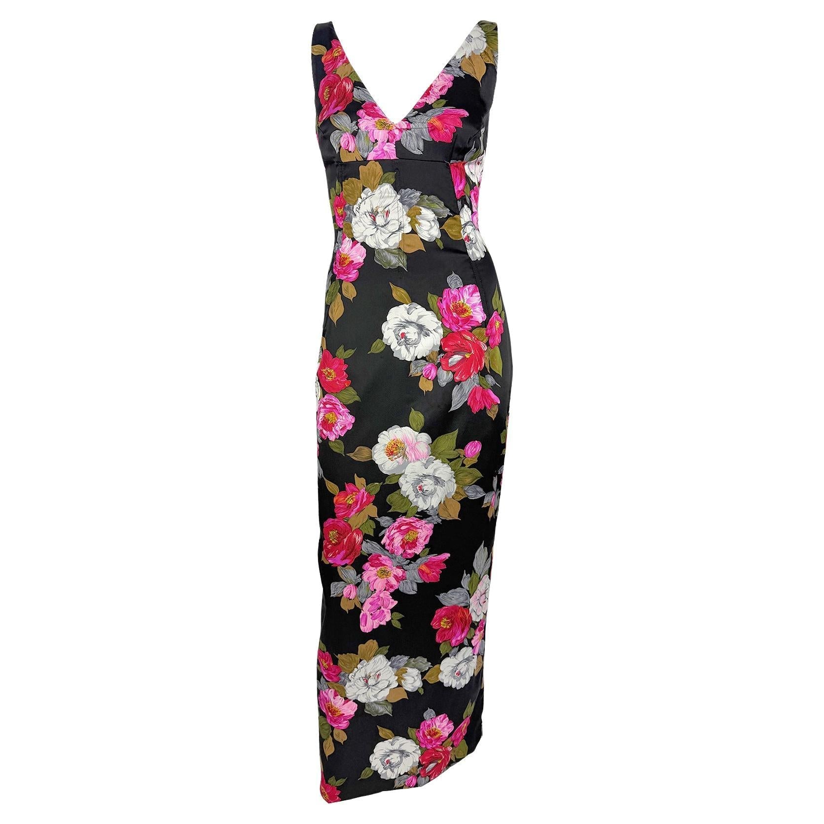 F/W 2000 Dolce & Gabbana Black Satin Corset Boned Floral Print Evening Gown - RealList