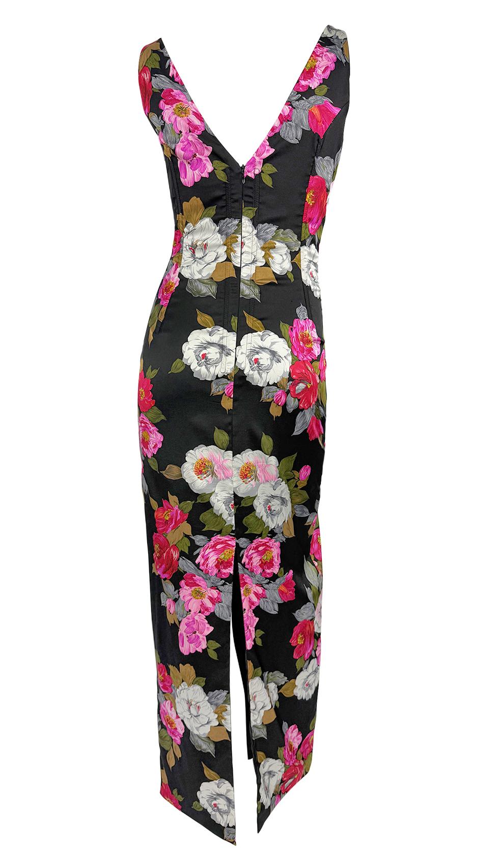 F/W 2000 Dolce & Gabbana Black Satin Corset Boned Floral Print Evening Gown - RealList