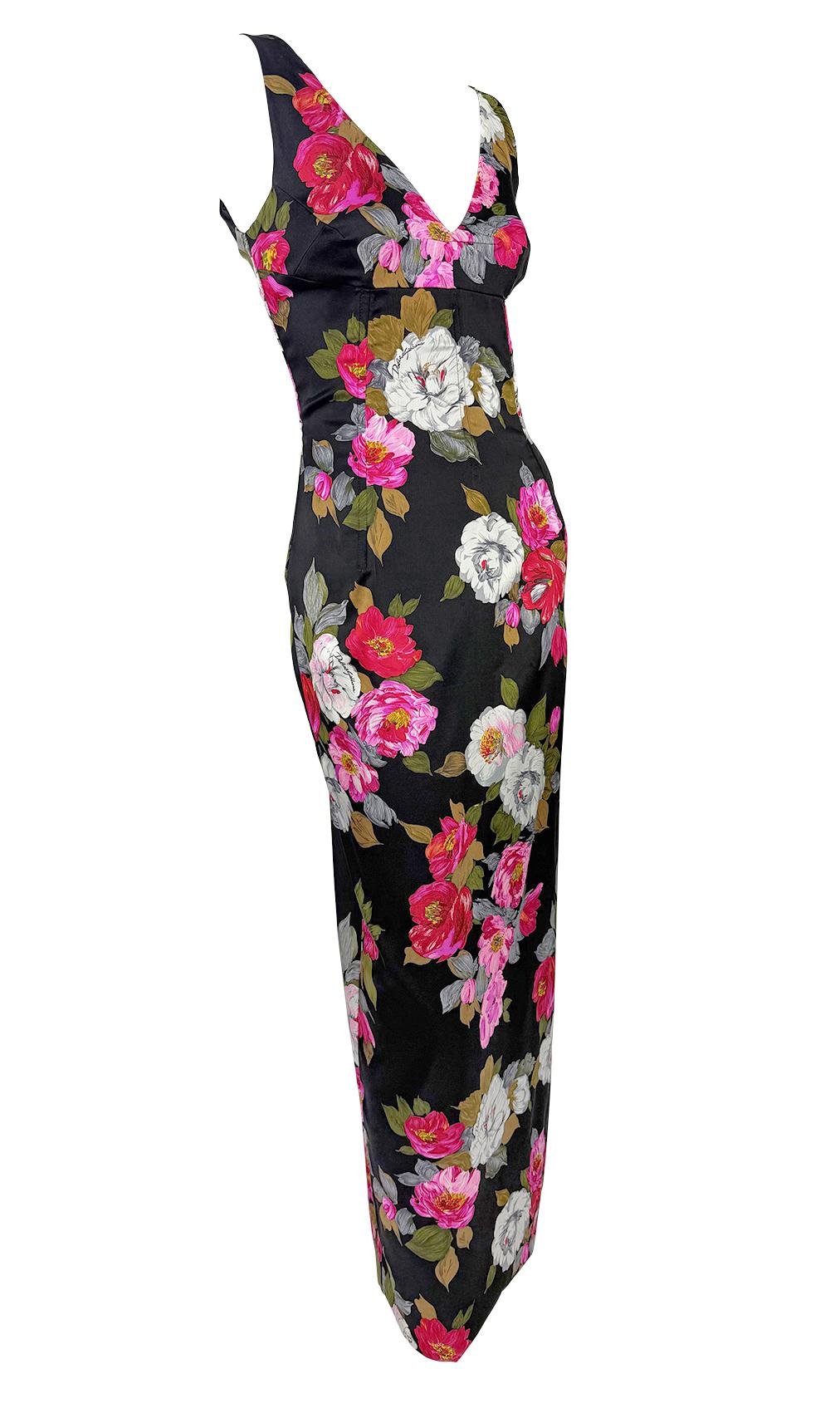 F/W 2000 Dolce & Gabbana Black Satin Corset Boned Floral Print Evening Gown - RealList