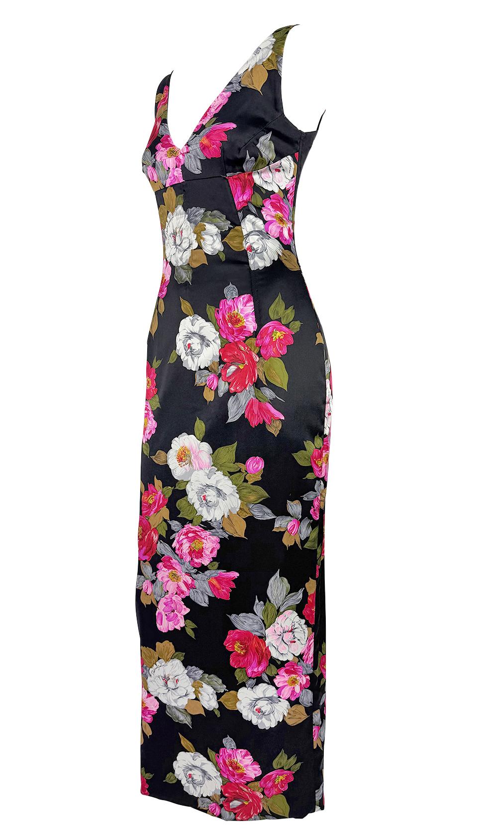 F/W 2000 Dolce & Gabbana Black Satin Corset Boned Floral Print Evening Gown - RealList