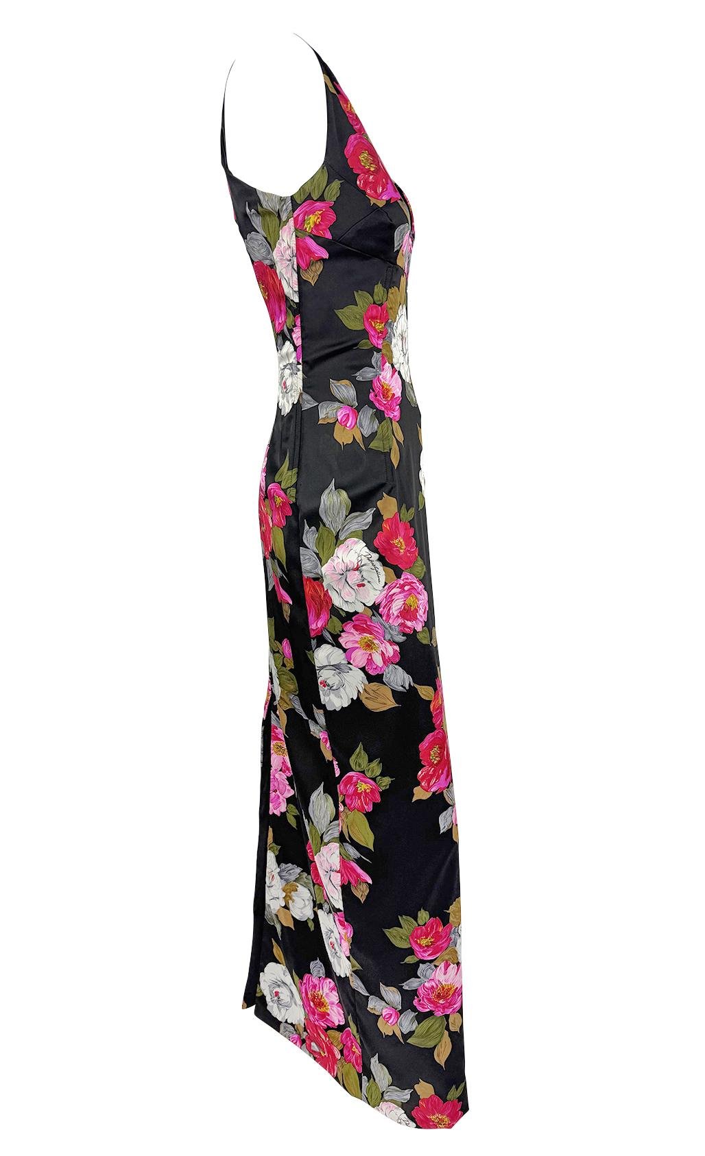 F/W 2000 Dolce & Gabbana Black Satin Corset Boned Floral Print Evening Gown - RealList