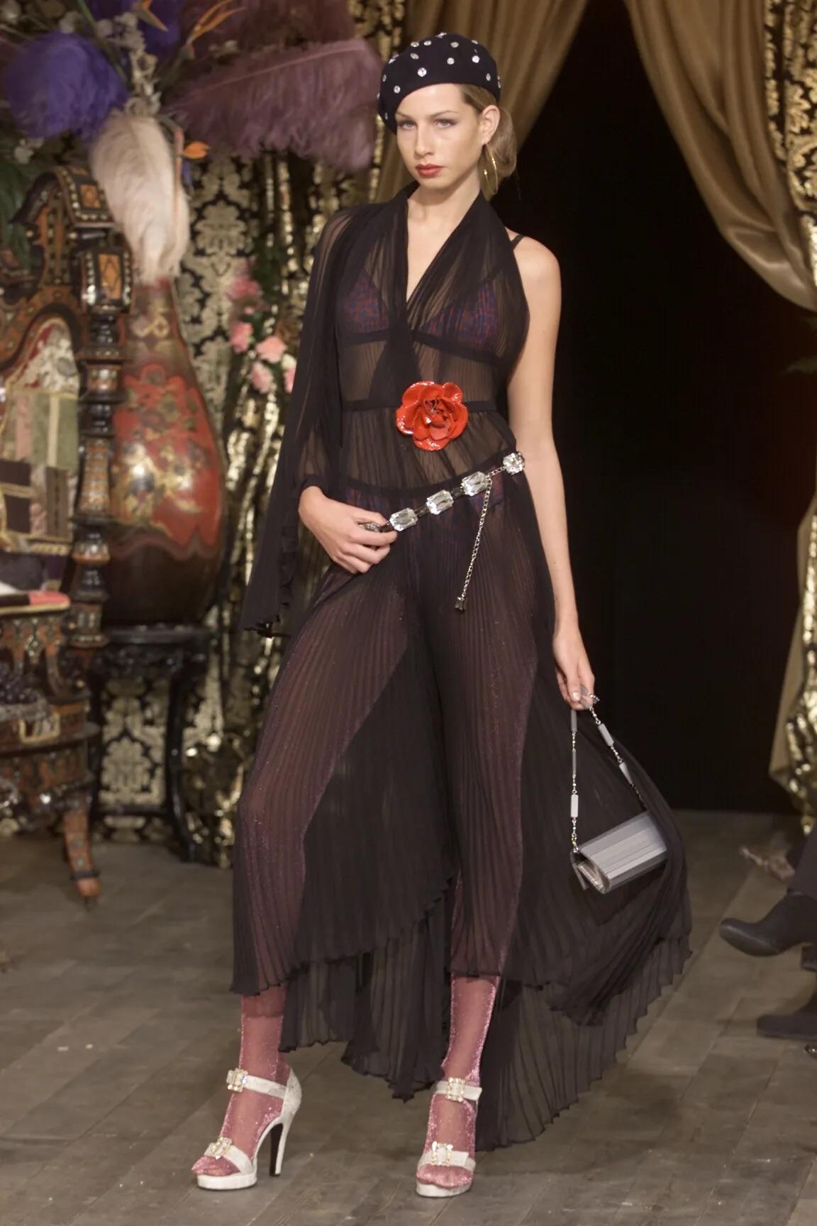 F/W 2000 Dolce & Gabbana Runway Sheer Pleated Black Halter Maxi Gown Flower - RealList