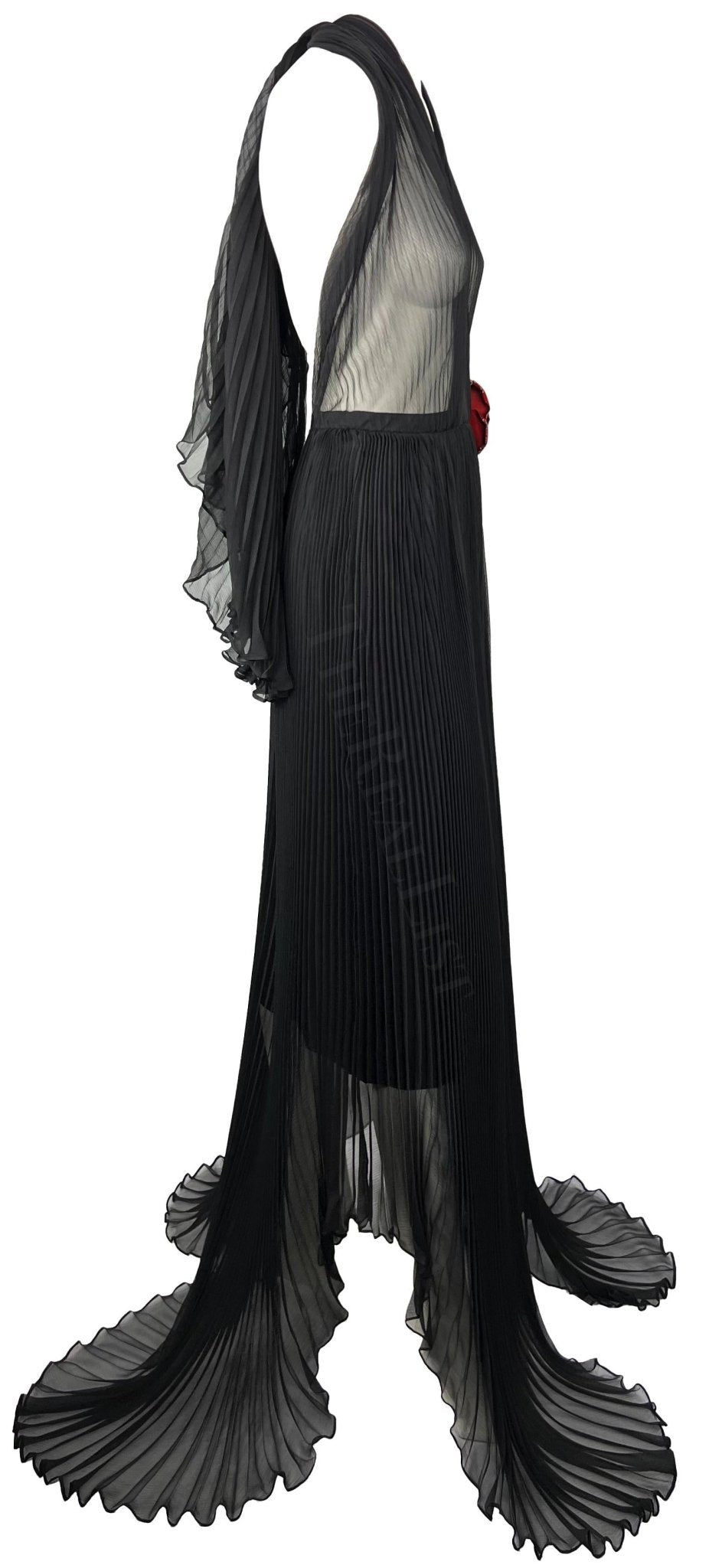 F/W 2000 Dolce & Gabbana Runway Sheer Pleated Black Halter Maxi Gown Flower - RealList