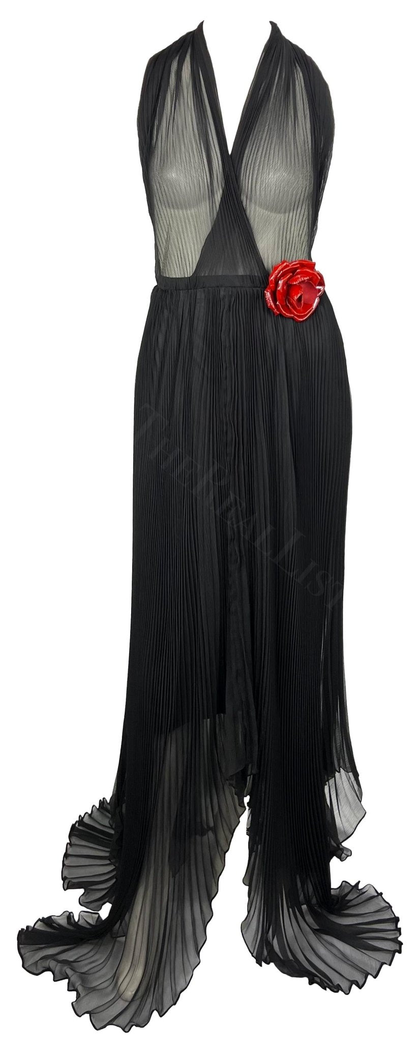 F/W 2000 Dolce & Gabbana Runway Sheer Pleated Black Halter Maxi Gown Flower - RealList
