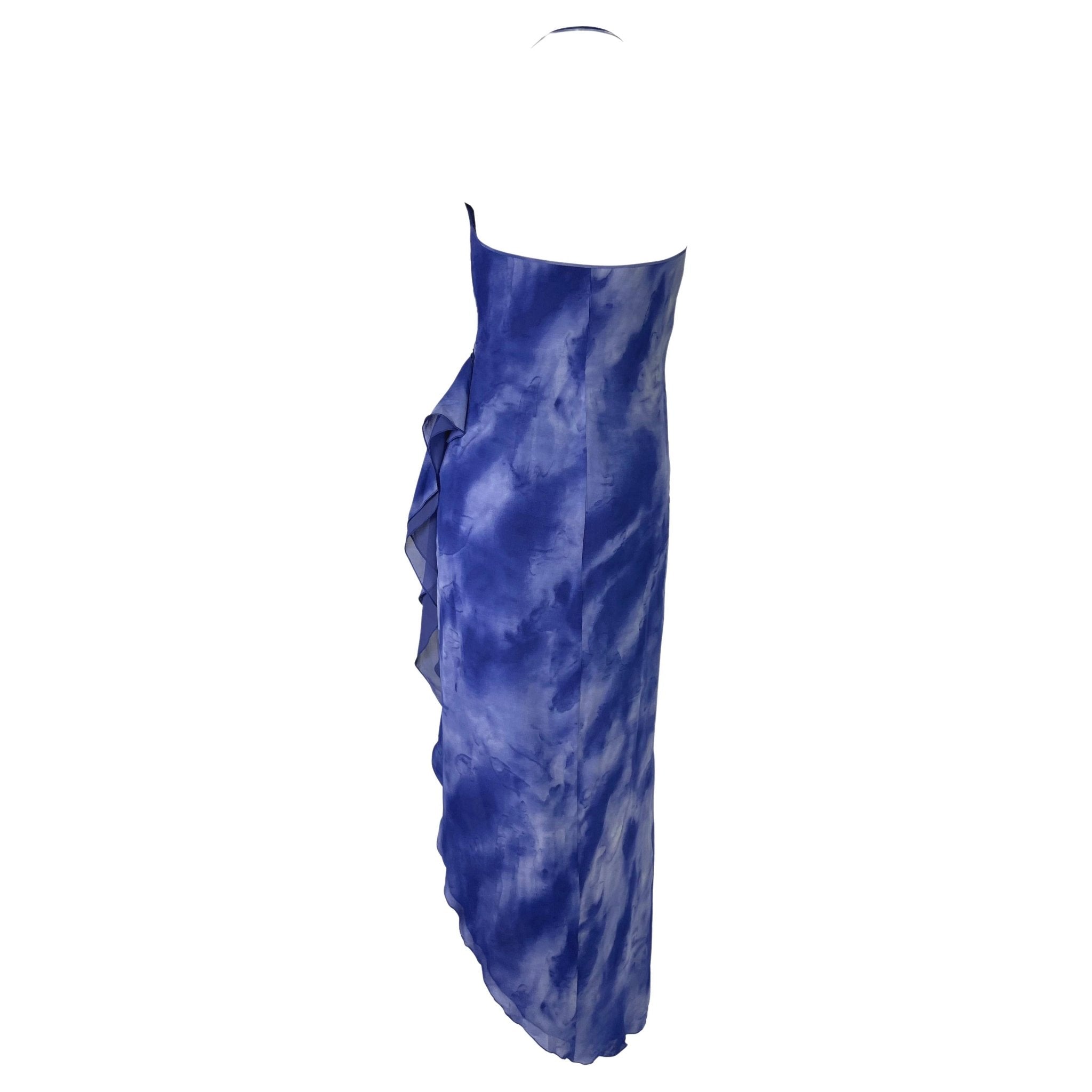 F/W 2000 Emanuel Ungaro Runway Ad Blue Watercolor Silk Chiffon Dress Y2K - RealList