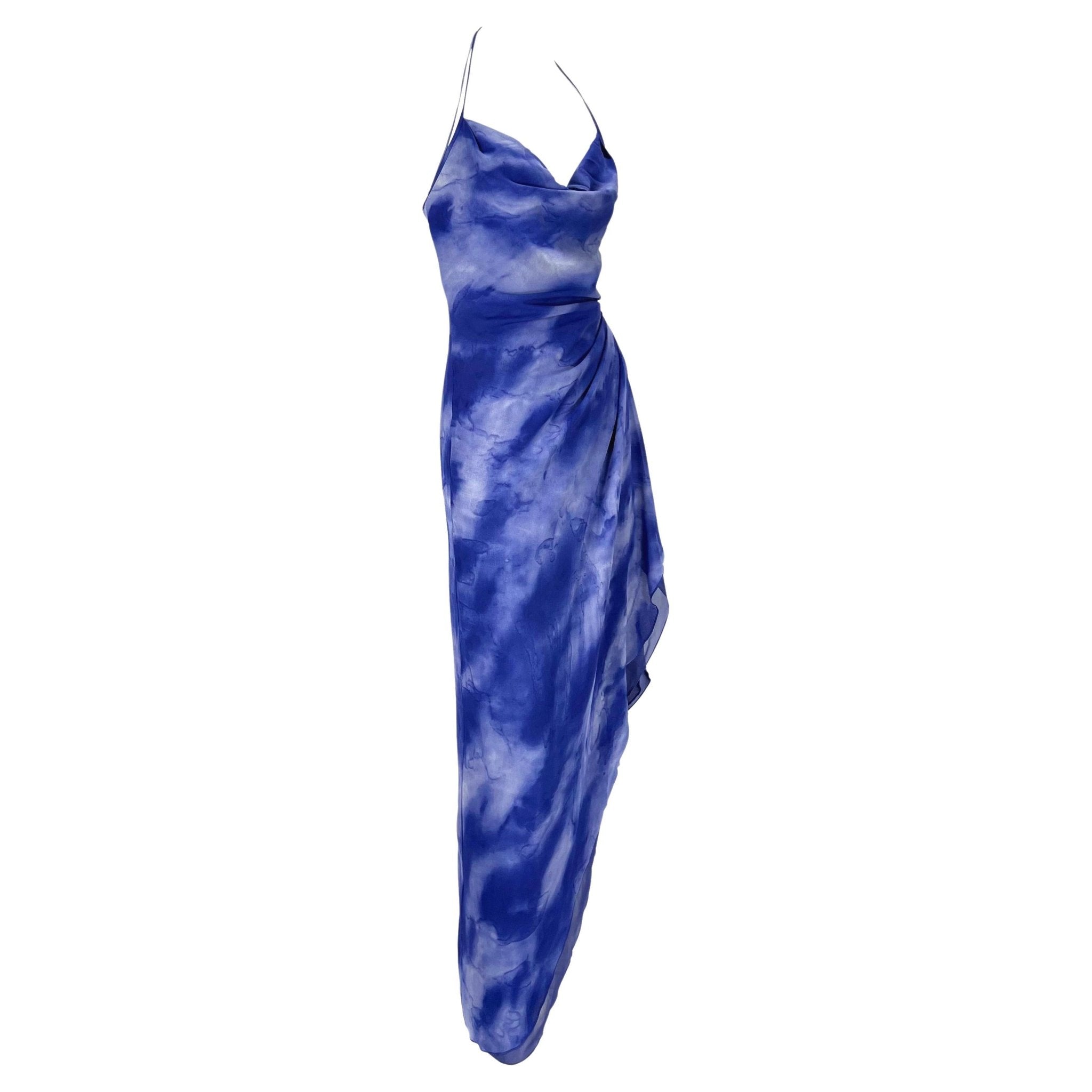 F/W 2000 Emanuel Ungaro Runway Ad Blue Watercolor Silk Chiffon Dress Y2K - RealList