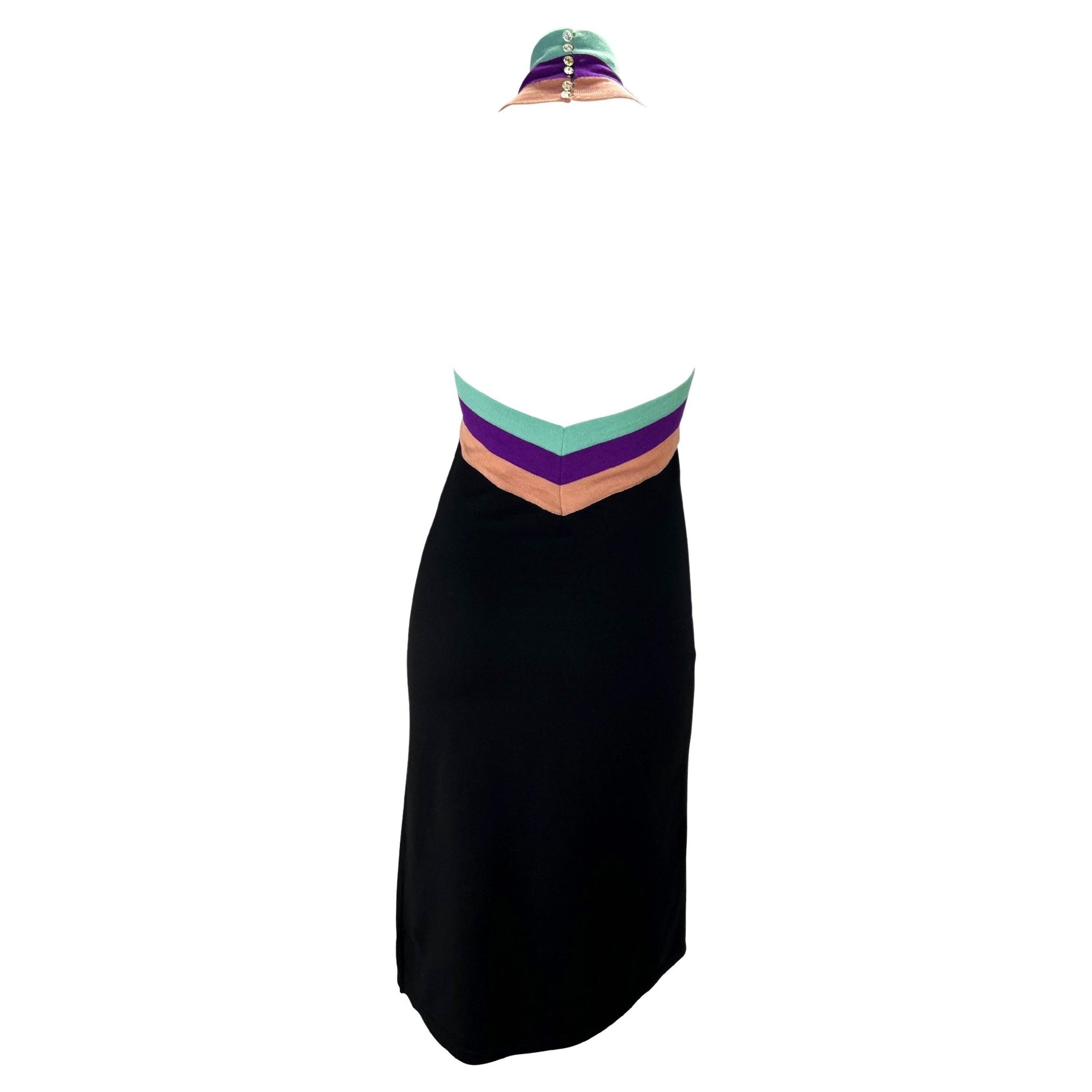 F/W 2000 Gianni Versace by Donatella Black Stretch Knit Crystal Halter Dress - RealList