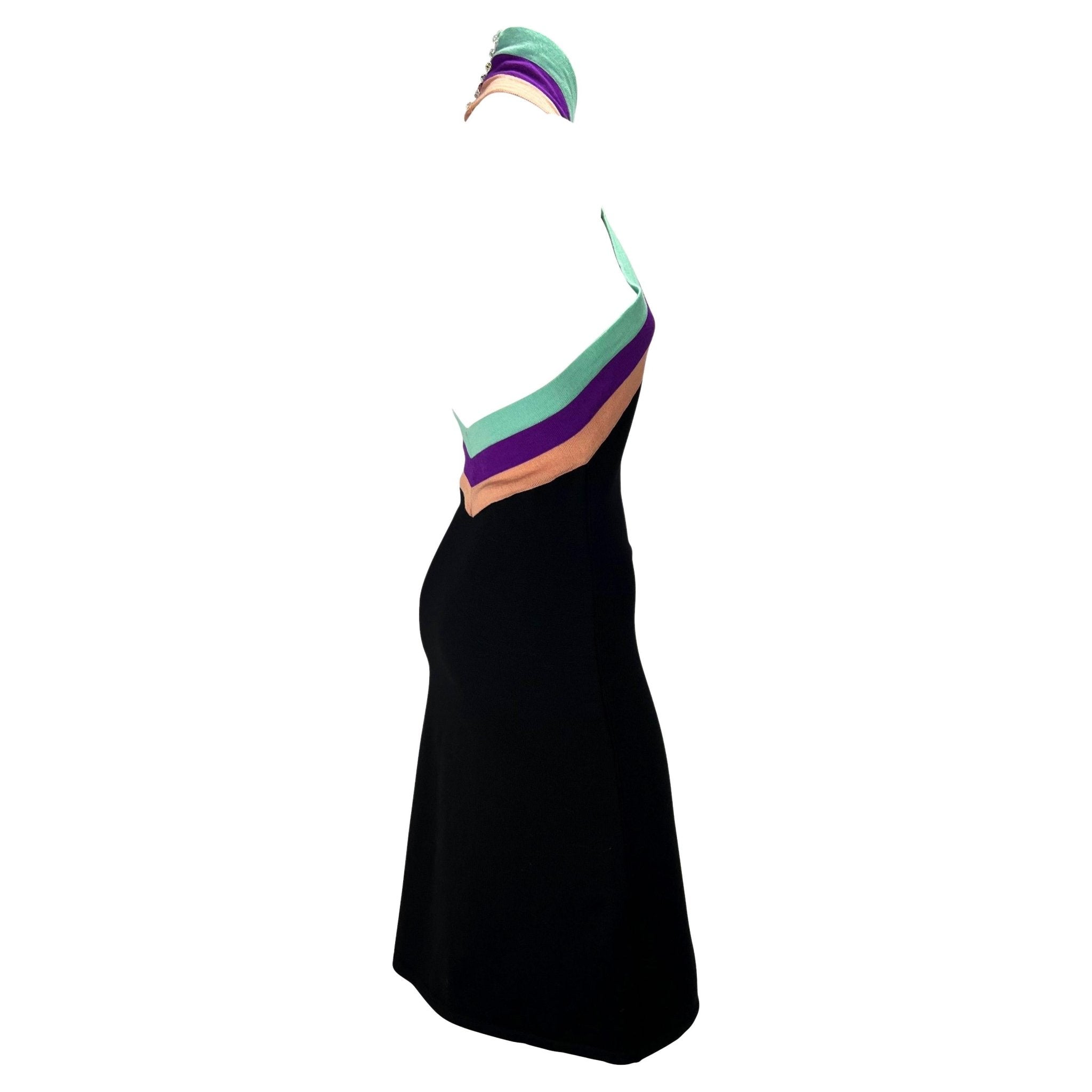 F/W 2000 Gianni Versace by Donatella Black Stretch Knit Crystal Halter Dress - RealList