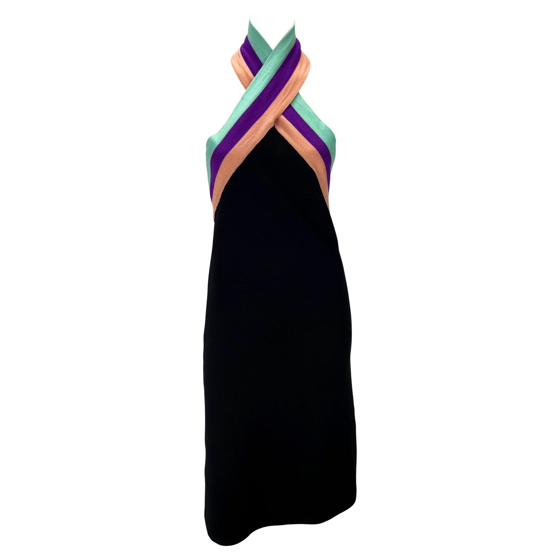 F/W 2000 Gianni Versace by Donatella Black Stretch Knit Crystal Halter Dress - RealList